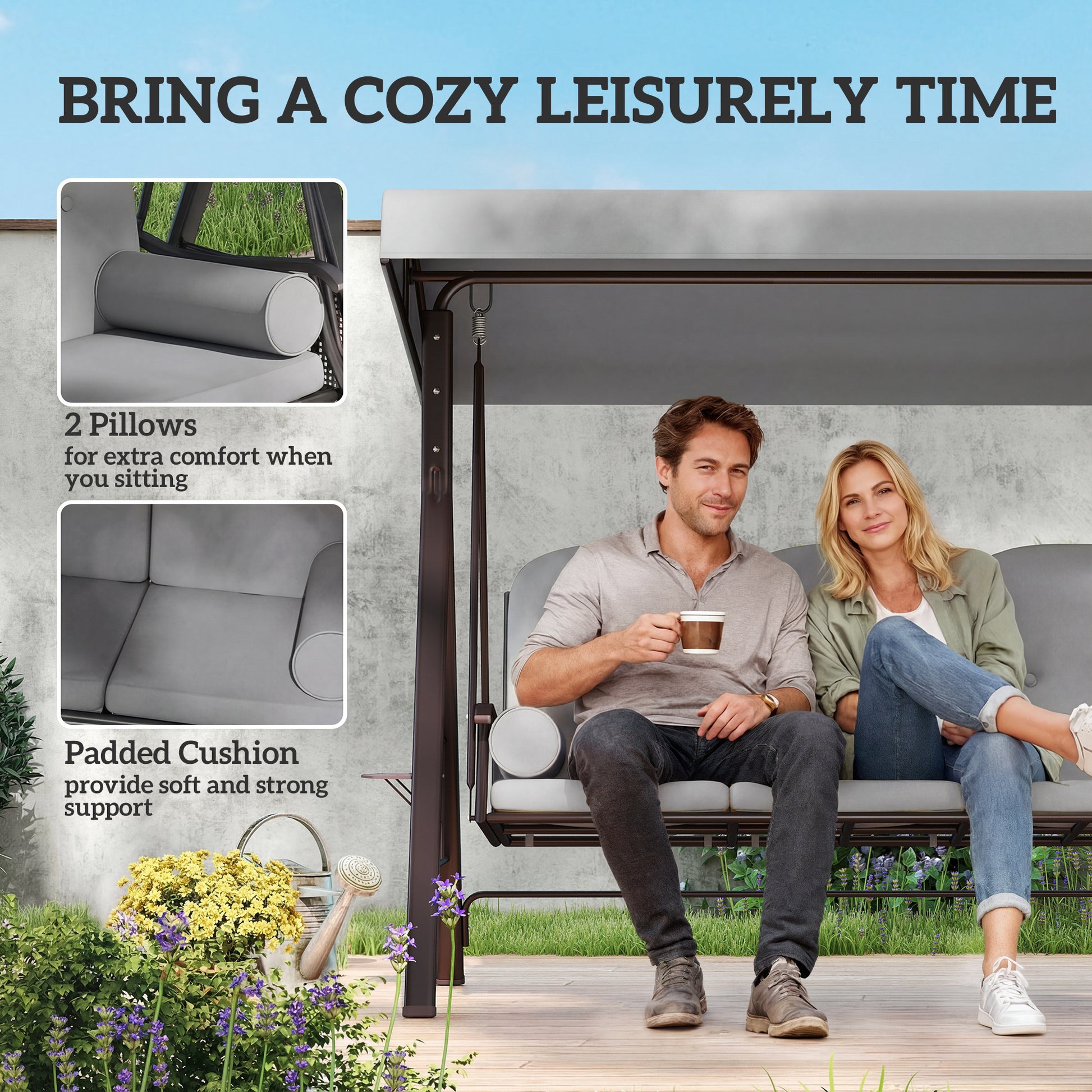 Outsunny 3 Seater Canopy Swing Chair, Outdoor Garden Swing Seat with Adjustable Canopy, Cushions and Cup Trays, Steel Frame, Light Grey