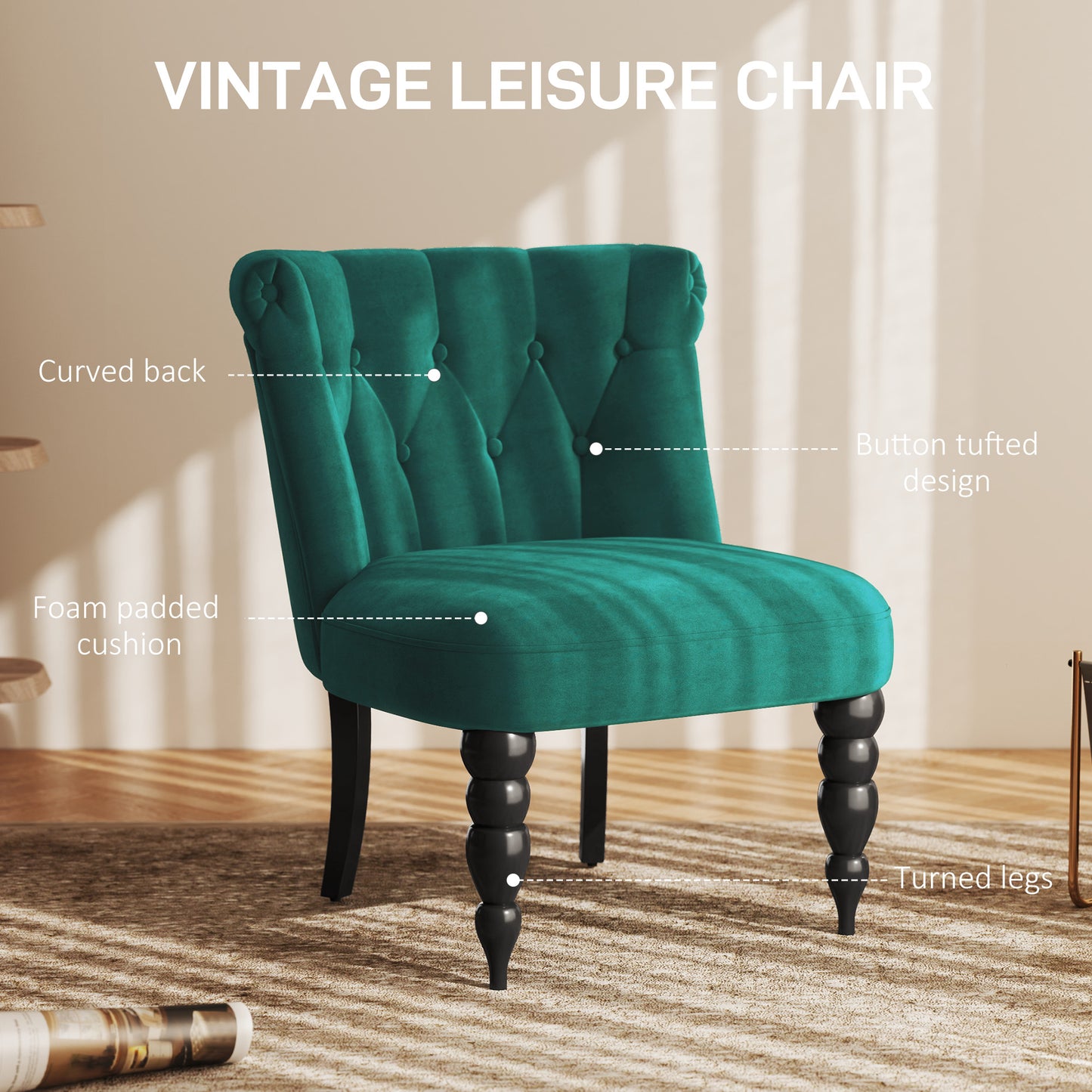 HOMCOM Velvet Accent Chair Set of 2, Button Tufted Wingback Chair with Rubber Wood Legs for Living Room, Bedroom, Dark Green
