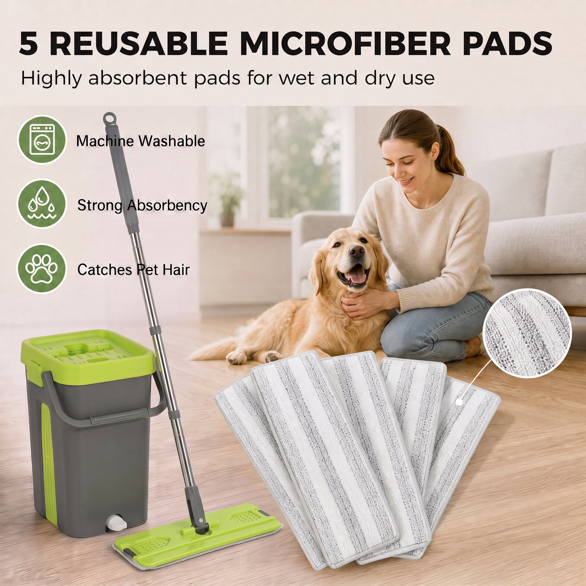 HOMCOM Mop and Bucket Set, Compact Flat Mop System with Wringer, 2 Chambers, 5 Reusable Pads, Dark Grey and Green