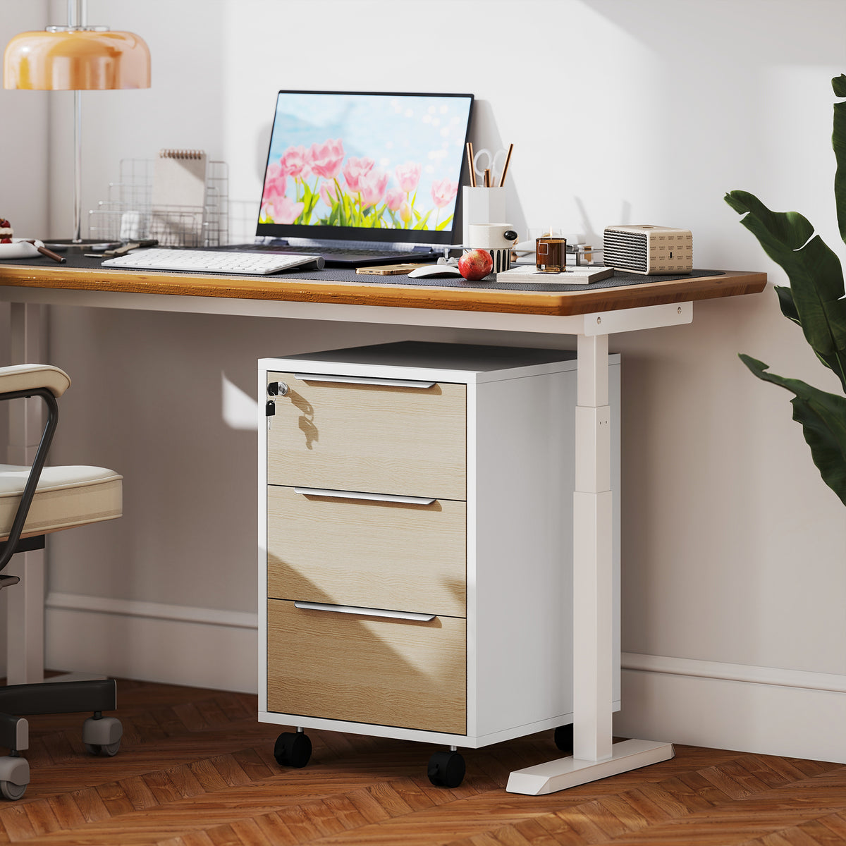 HOMCOM Three-Drawer Locking Filing Cabinet - Oak/White