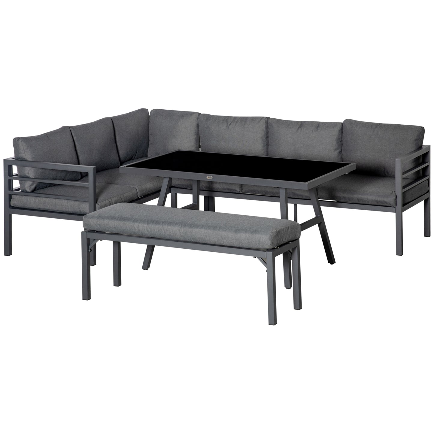 OutsunnyÂ 4Â PieceÂ L-shaped Garden Furniture Set 8-Seater Aluminium Outdoor Dining Set Conversation Sofa Set w/ Bench, Dining Table & Cushions,Â Grey