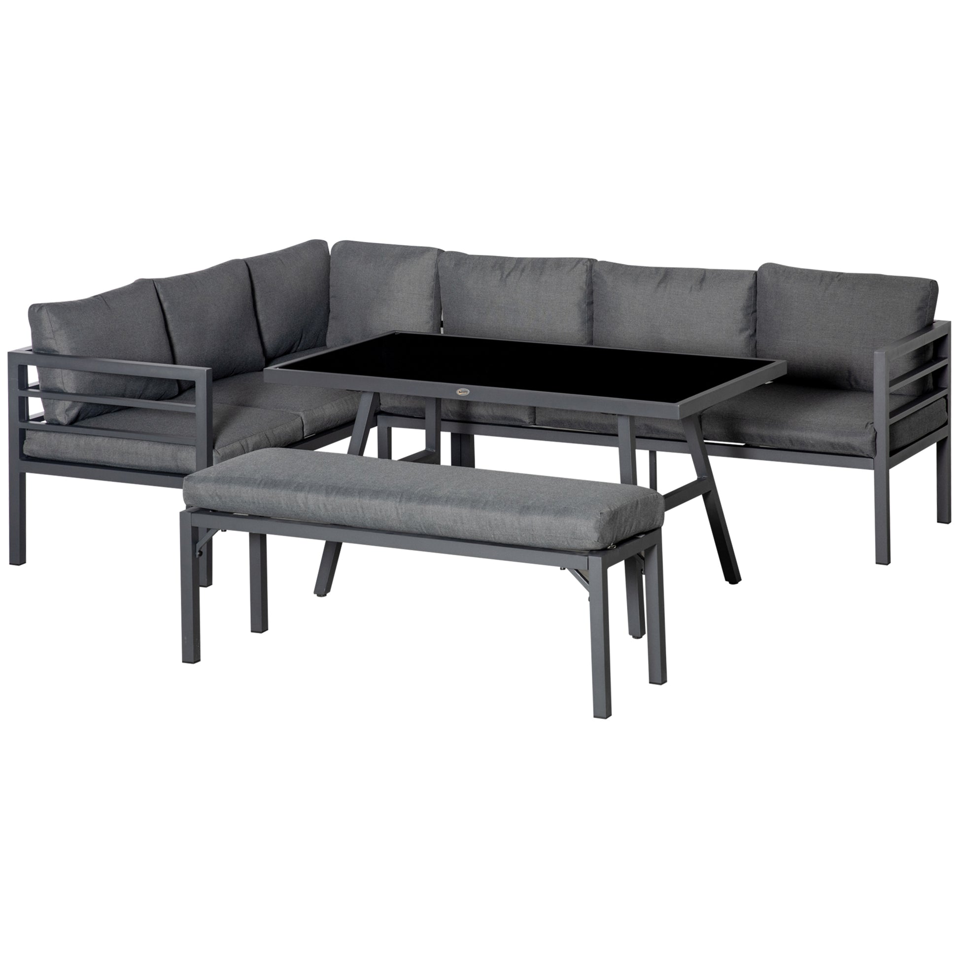 OutsunnyÂ 4Â PieceÂ L-shaped Garden Furniture Set 8-Seater Aluminium Outdoor Dining Set Conversation Sofa Set w/ Bench, Dining Table & Cushions,Â Grey