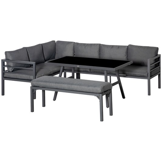 OutsunnyÂ 4Â PieceÂ L-shaped Garden Furniture Set 8-Seater Aluminium Outdoor Dining Set Conversation Sofa Set w/ Bench, Dining Table & Cushions,Â Grey