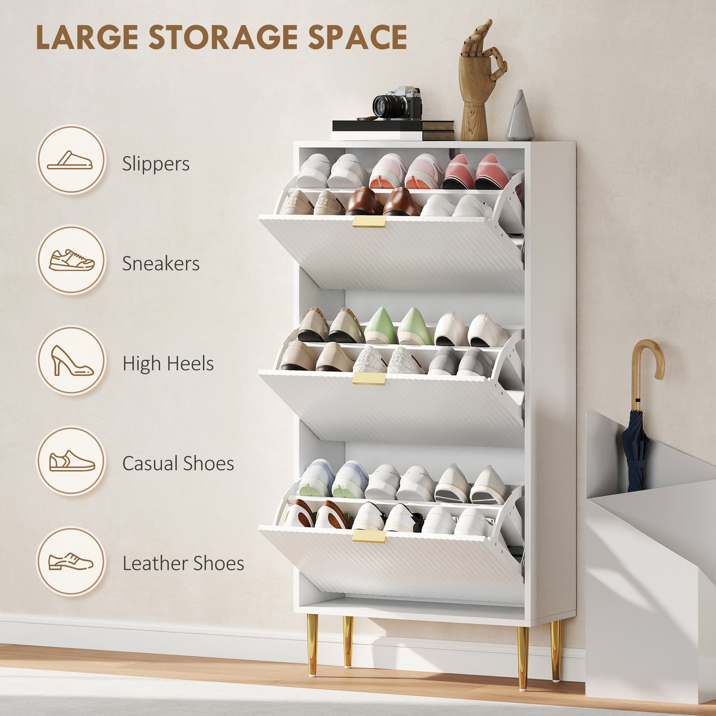 HOMCOM Narrow Shoe Cabinet with 3 Flip Drawers - White