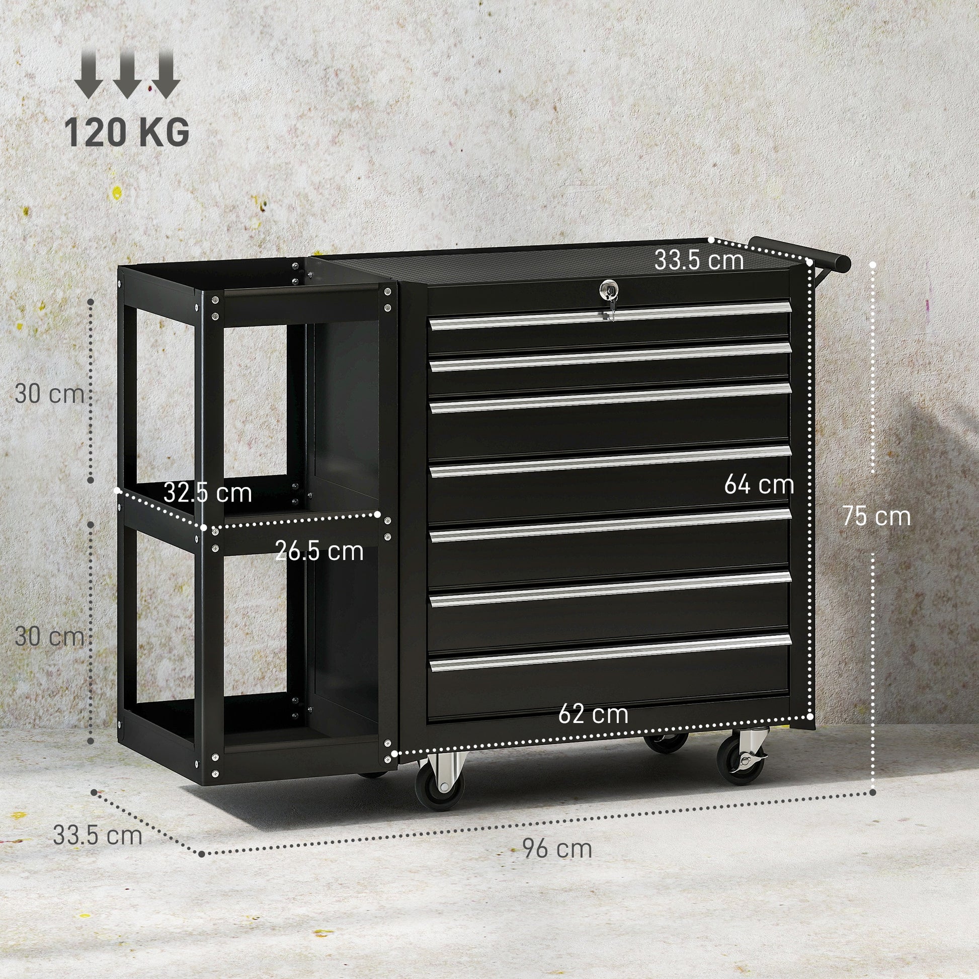HOMCOM Lockable Steel Tool Chest on Wheels, 7 Drawer Tool Box with Handle for Workshop, Garage, Black