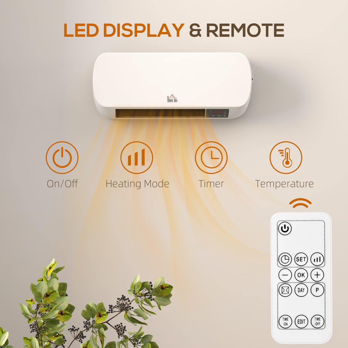 HOMCOM 2000W Wall Mounted Ceramic Space Heater, 10-49Â°C Temperature, White