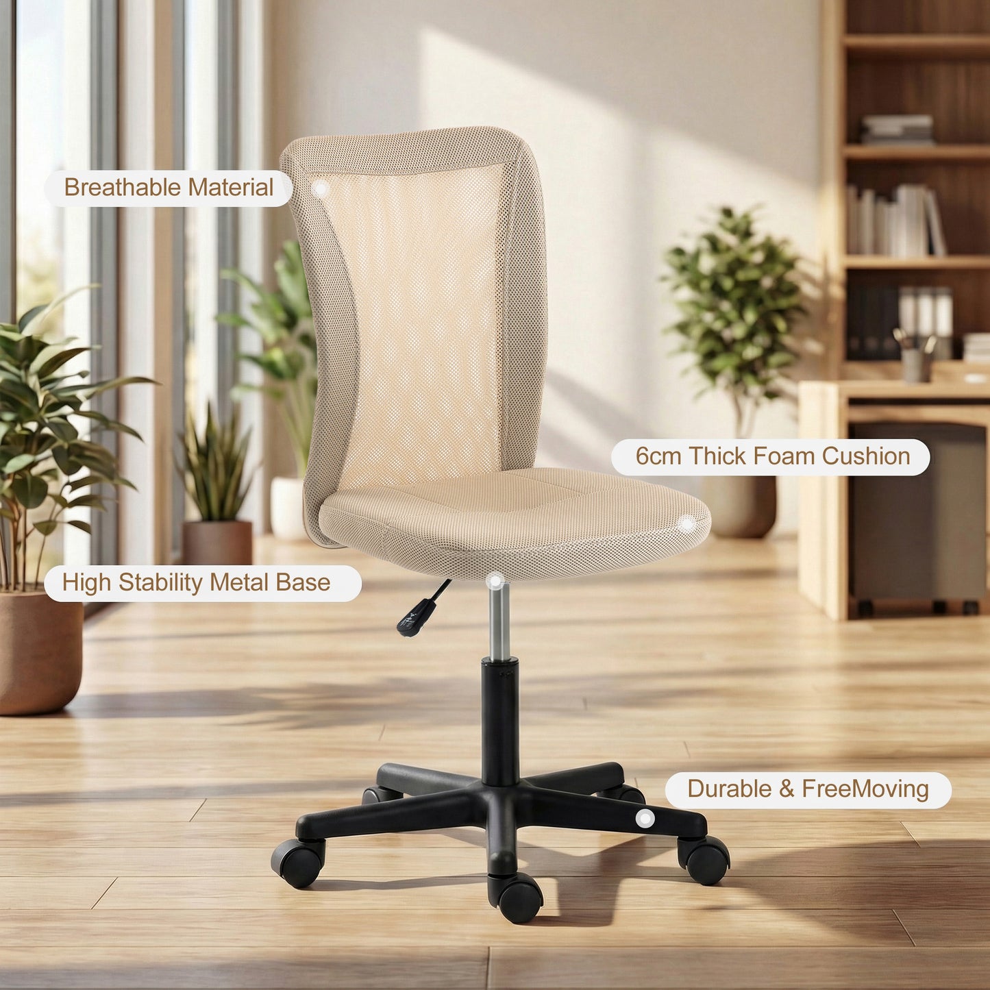 Vinsetto Computer Desk Chair, Mesh Office Chair with Adjustable Height and Swivel Wheels, Armless Study Chair, Beige