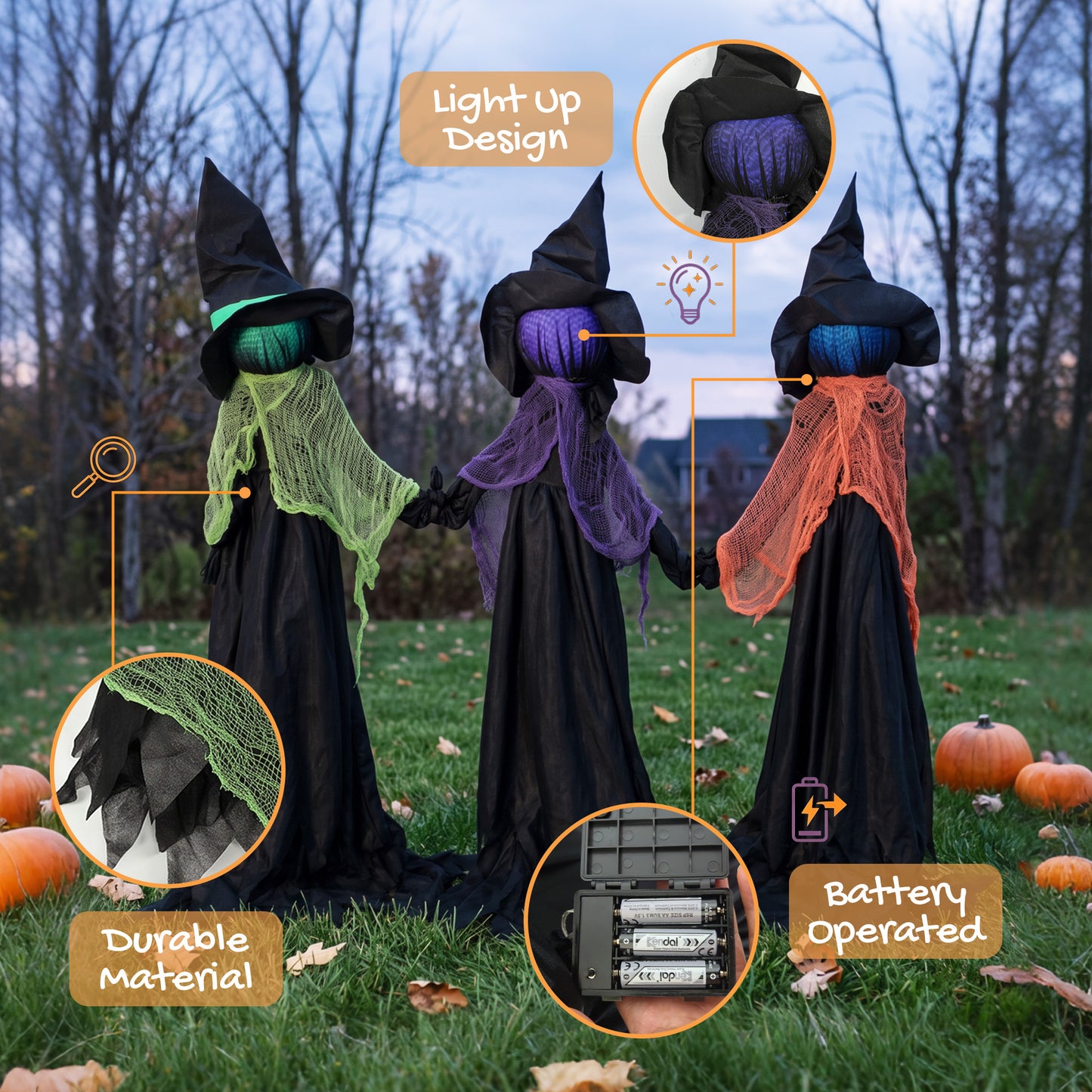 HOMCOM 120cm Witches Holding Hands Halloween Decorations Outdoor Indoor, Scary Halloween Witch Decor with Light-Up Heads