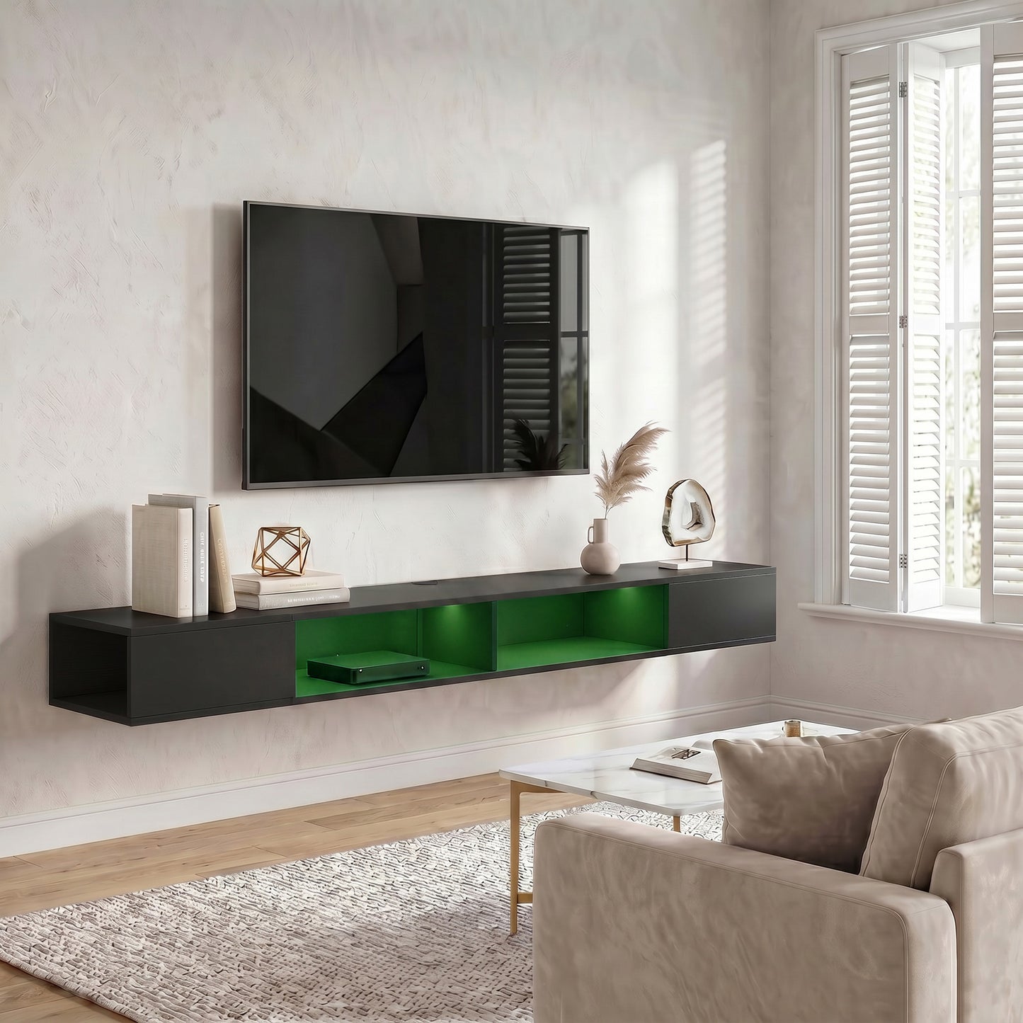 HOMCOM Wall Mounted TV Stand with RGB LED Lights, Floating Entertainment Centre for 75 Inch TV, Black