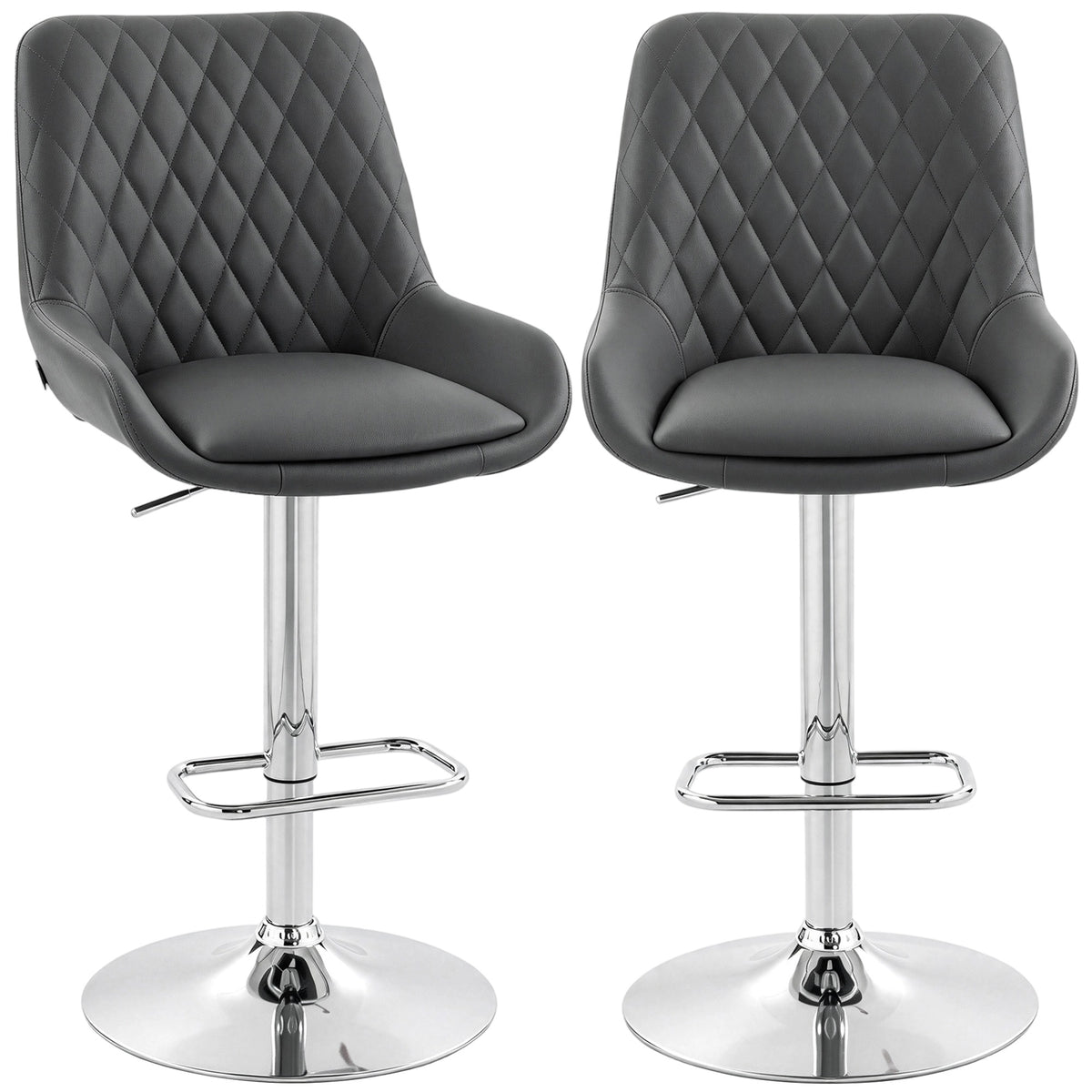HOMCOM Grey Bar Stools Set of 2, Upholstered Retro Bar and Kitchen Chairs with Back, Swivel Seat, PU, Dark Grey