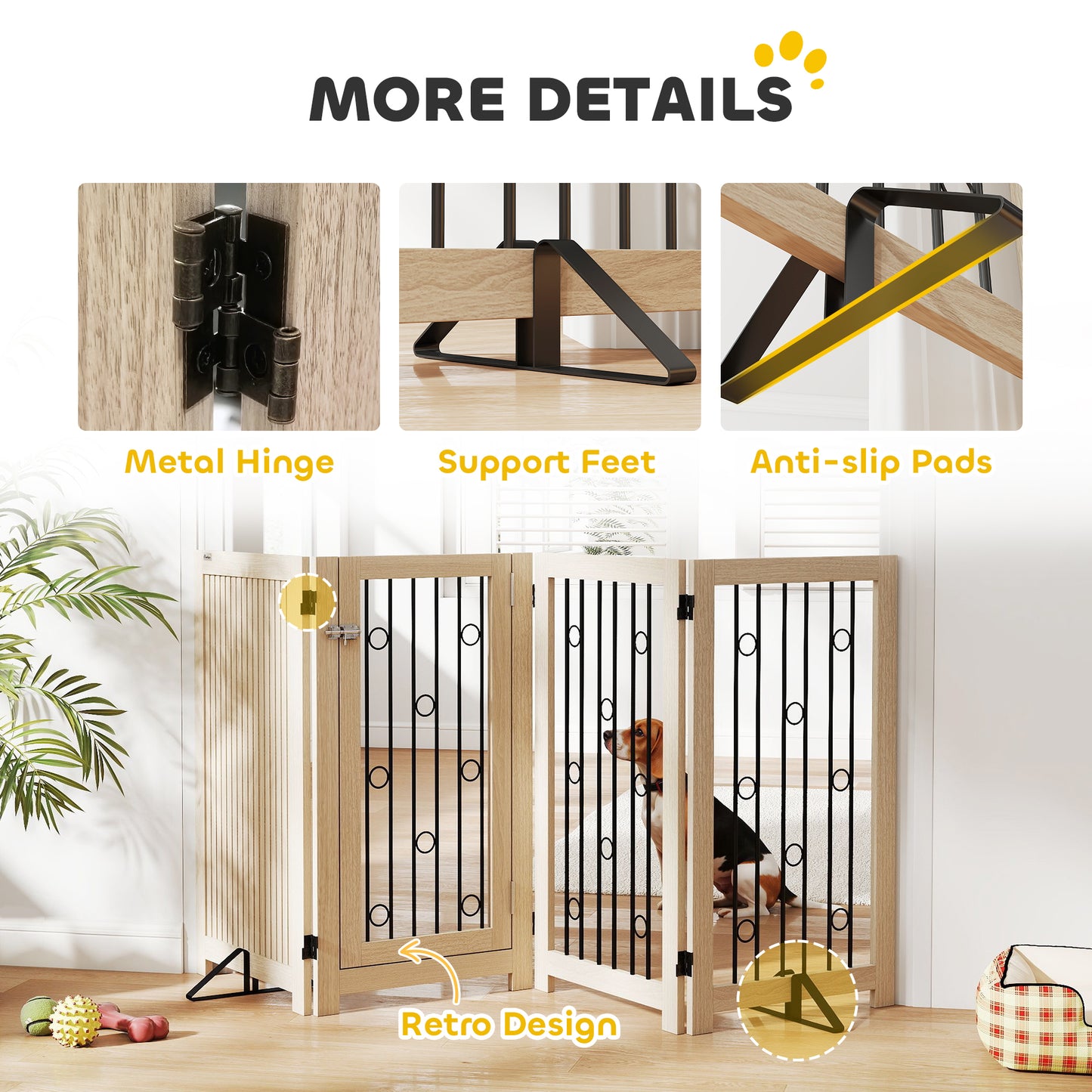 PawHut 4 Panel Freestanding Pet Gate, Indoor Dog Barrier with Lockable Door, Support Feet, 360Â° Flexible Hinges, Oak