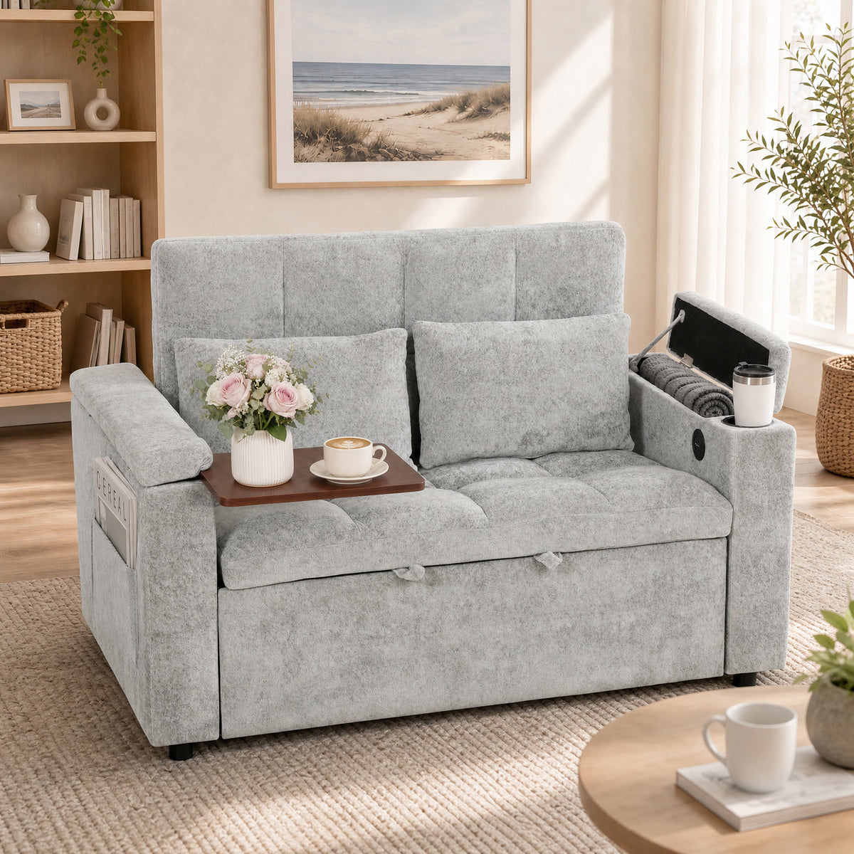 HOMCOM 2 Seater Sofa Bed, 3-in-1 Convertible Pull Out Sleeper Bed with Hidden Table, USB Port, Armrest Storage, Grey