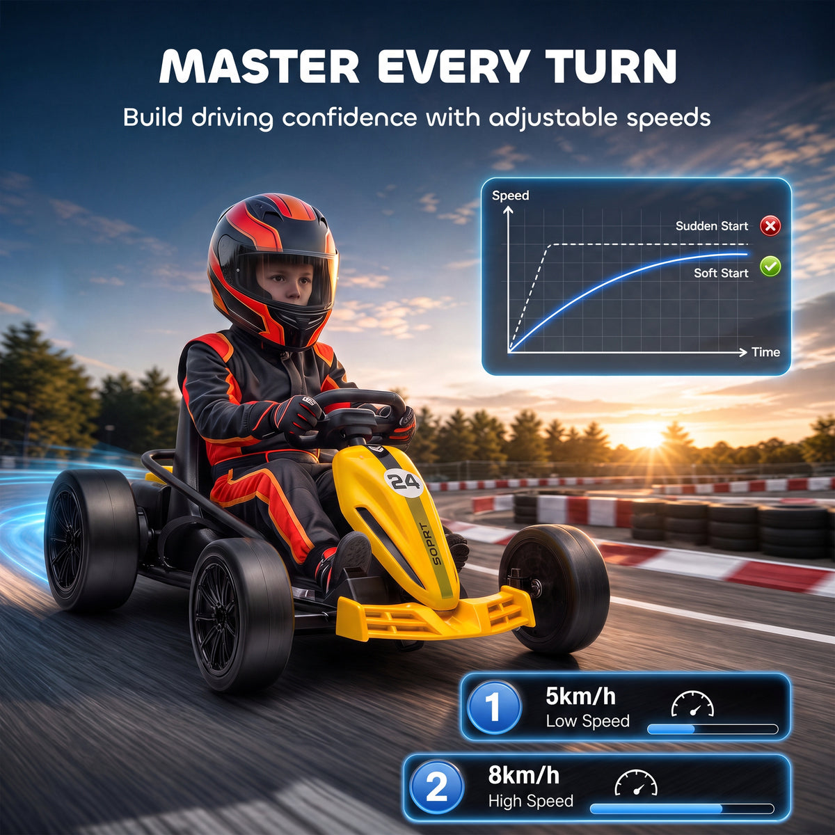 AIYAPLAY 24V Electric Go Kart for Kids, Ride On Racing Go Kart with Dual 150W Motors, 12KM/H Max Speed for Ages 6-14, Yellow