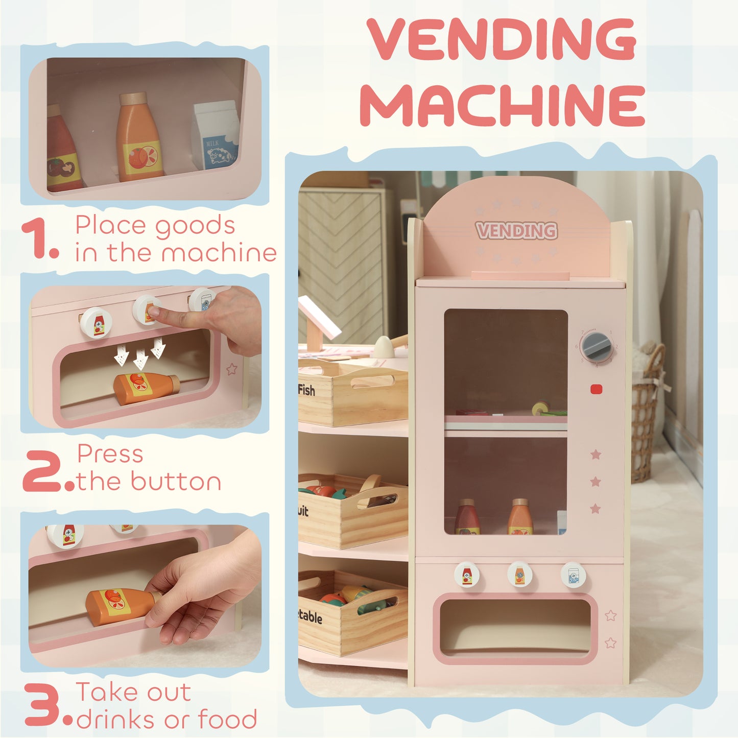 AIYAPLAY Kids Grocery Store, Children Supermarket Playset with Cash Register, Vending Machine, Display Shelves