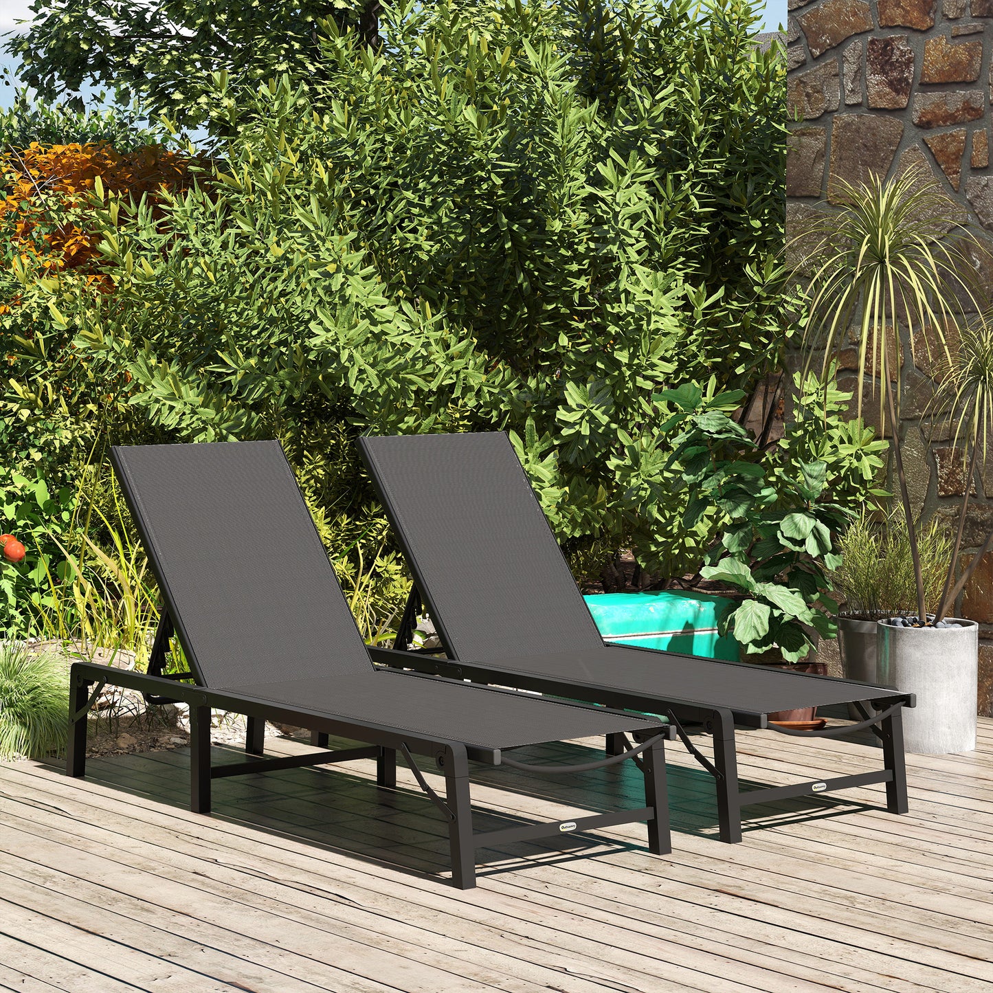 Outsunny Folding Sun Lounger Set of 2, 5-Position Adjustable Reclining Garden Loungers, Garden Chaise Lounge Sunbed Recliner Chairs with Steel Frame for Beach, Porch, Patio, Camping, Black