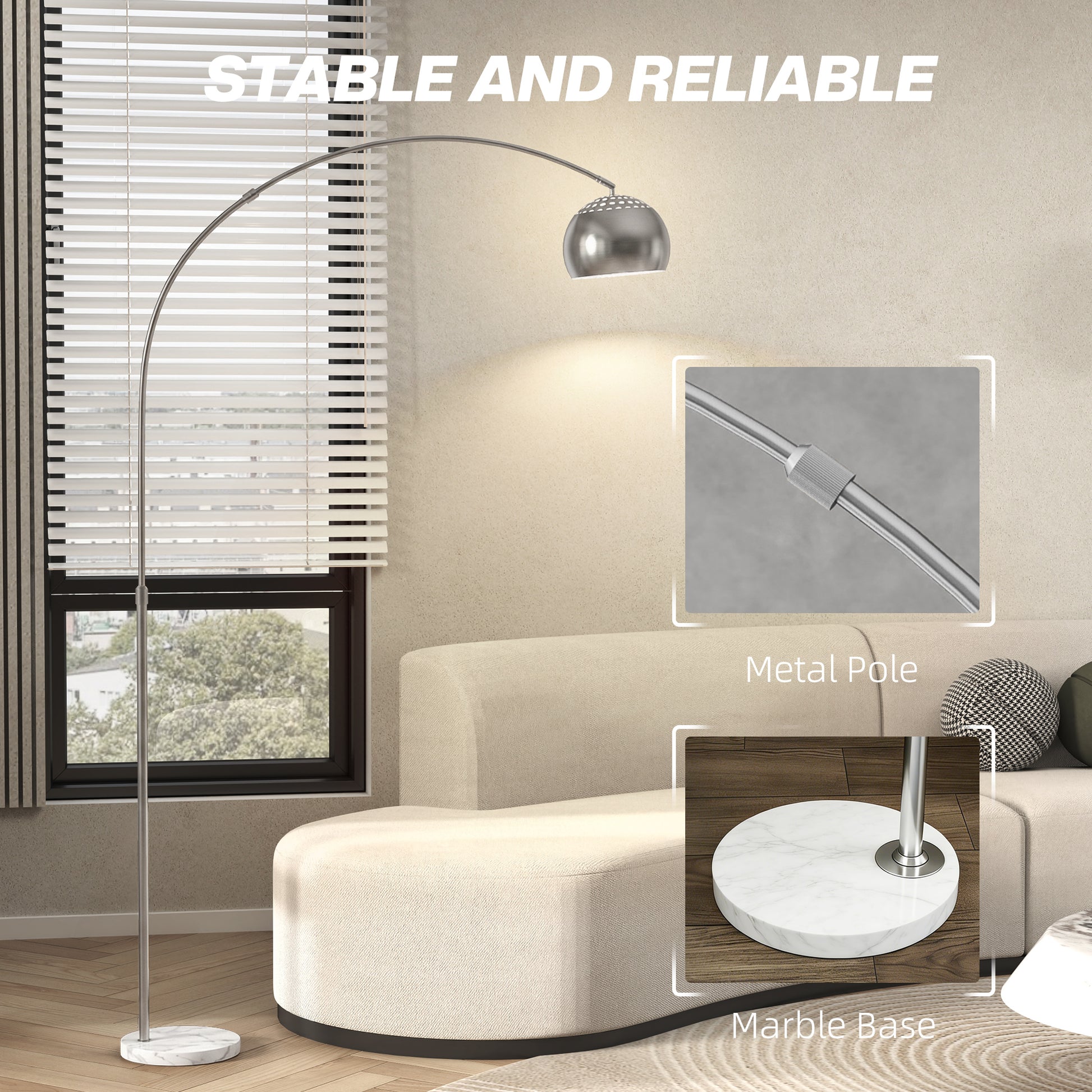 HOMCOM Arc Floor Lamp for Living Room, Modern Adjustable Standing Lamp with Faux Black Marble Base Silver Tone