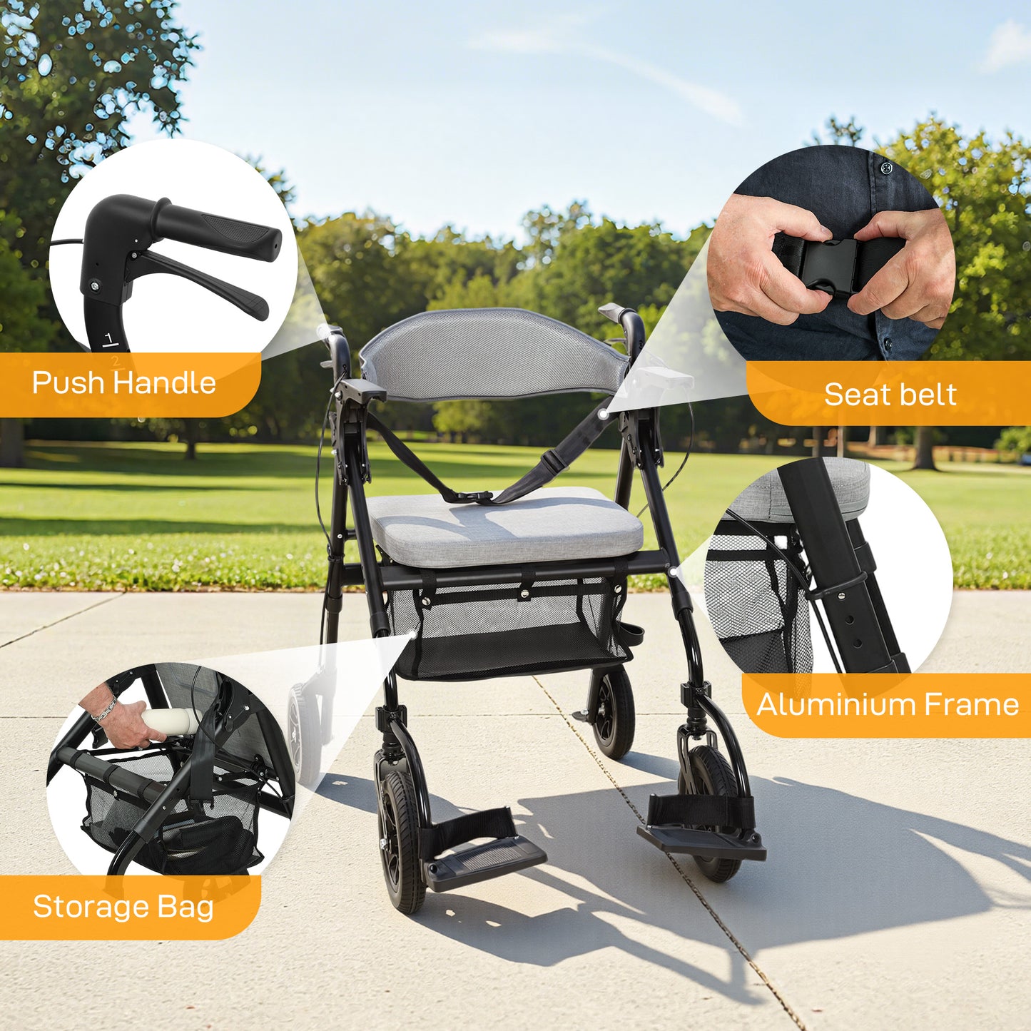HOMCOM Rollator Walker Wheelchair, with Seat - Grey