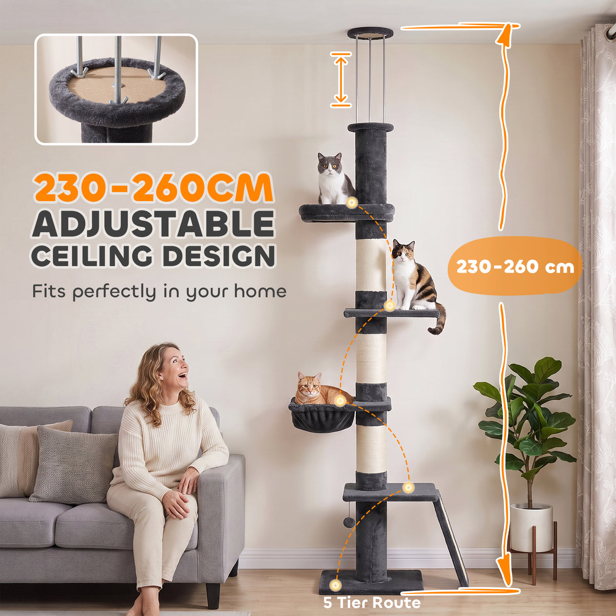 PawHut Floor to Ceiling Cat Tree, 230-260 cm Adjustable 5-Level Cat Tower with 3 Top Tension Rods, Bed, Hammock, Dark Grey