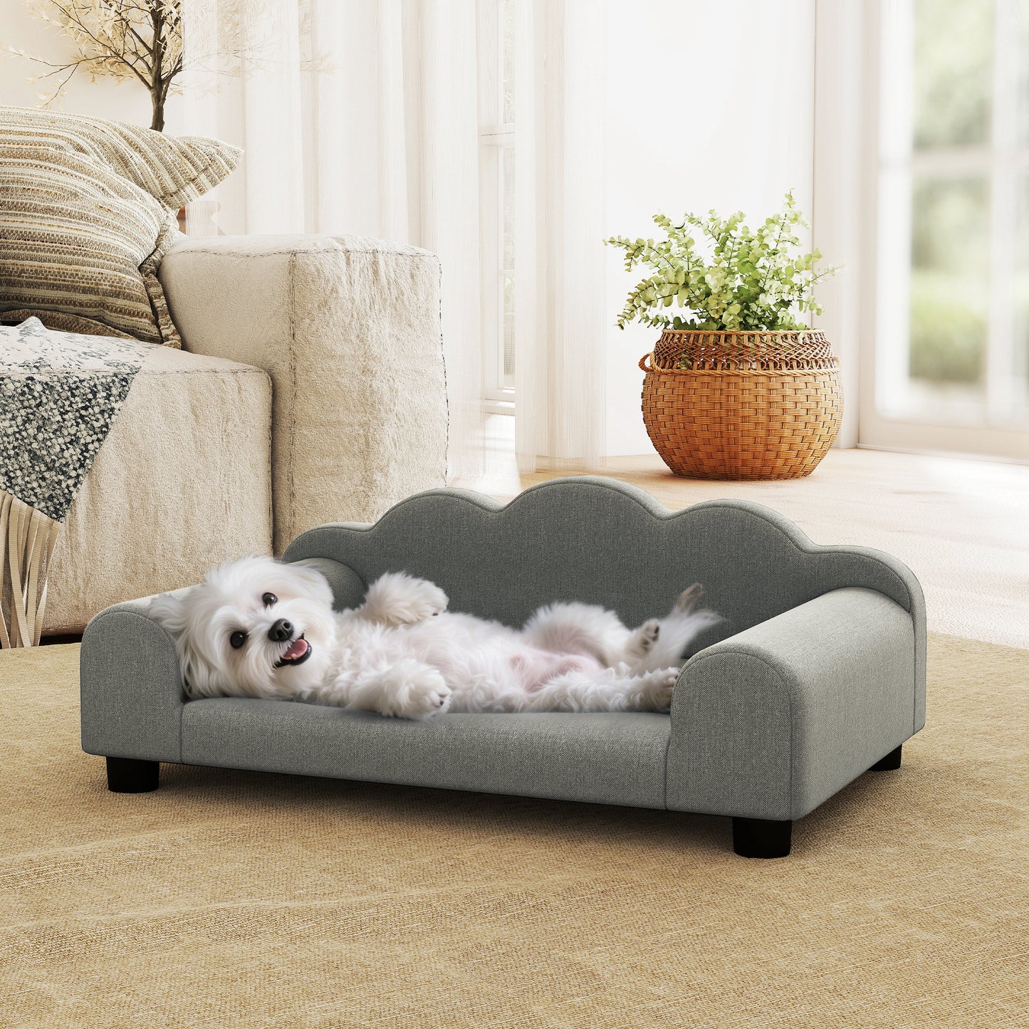 PawHut Elevated Dog Sofa Bed, Breathable Pet Sofa with Backrest and Armrest for Small Dogs, Grey