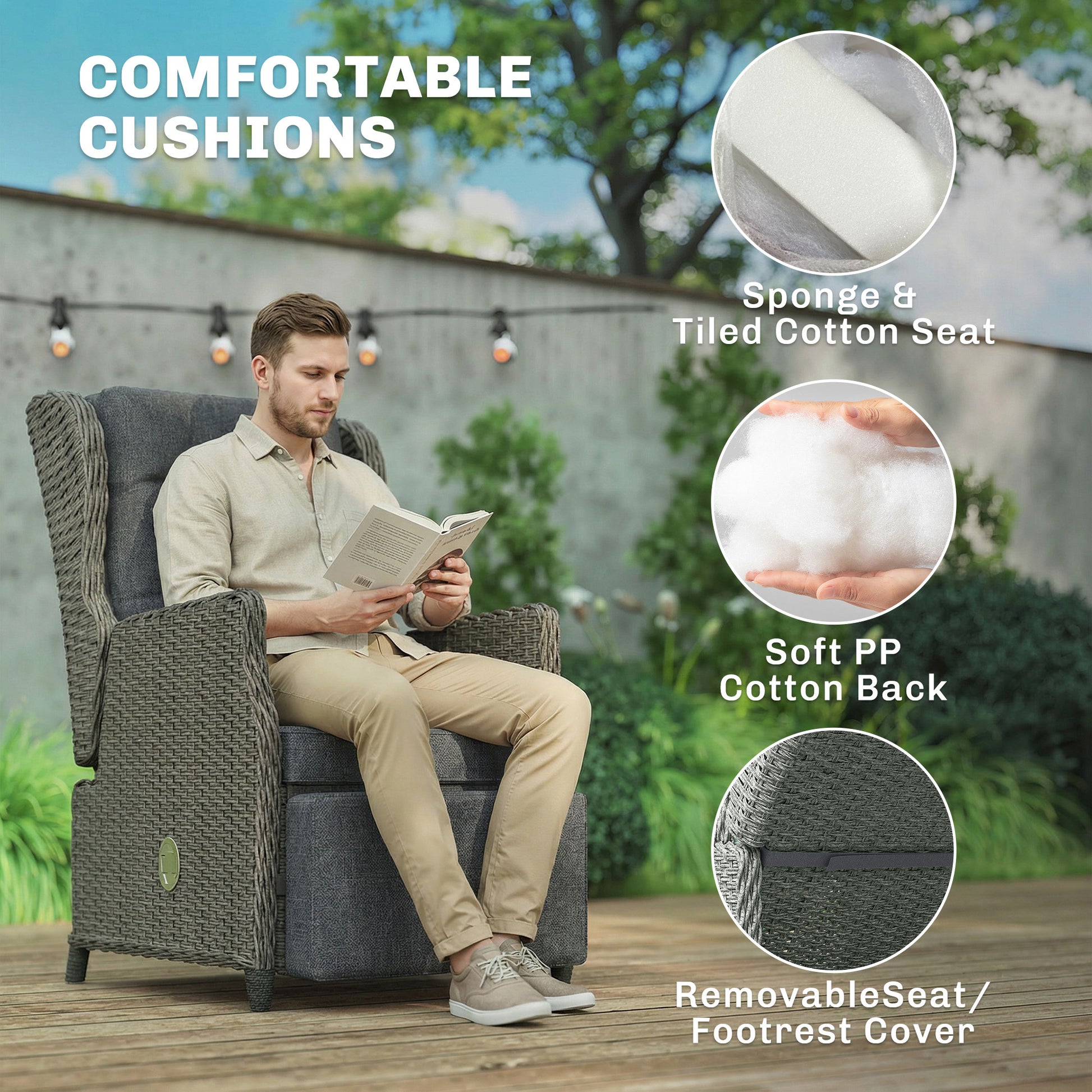 Outsunny Rattan Garden Recliner Chair, Reclining Garden Chair with Adjustable Back and Footrest, Flip Table, Cushion, Dark Grey