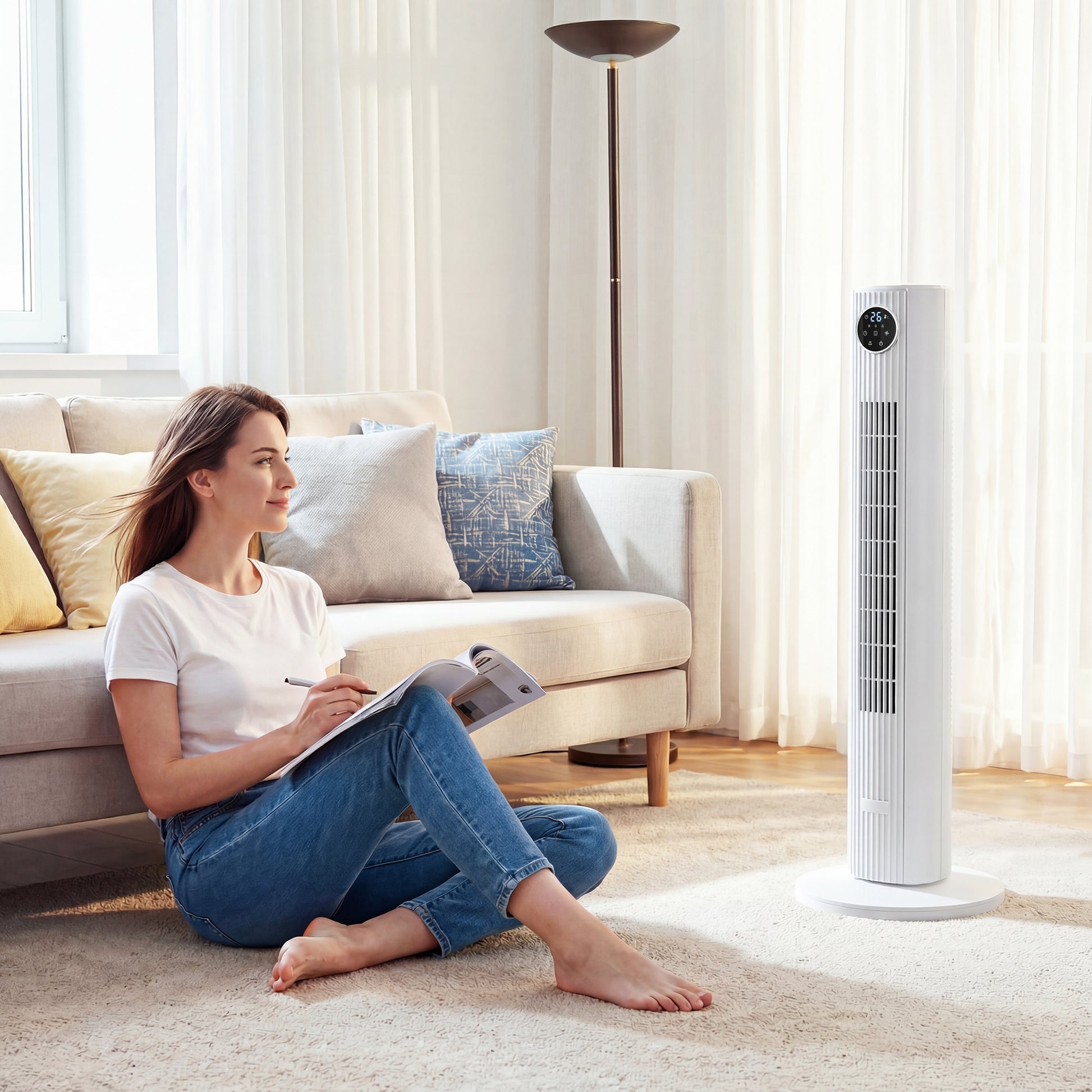 HOMCOM 28dB Tower Fan for Bedroom, 36 inch, 8 m/s Velocity Standing Cooling Fan with 80Â° Oscillating, BLDC Motor, 12 Speeds, LED Display, 4 Modes, 12H Timer, Remote Control, White