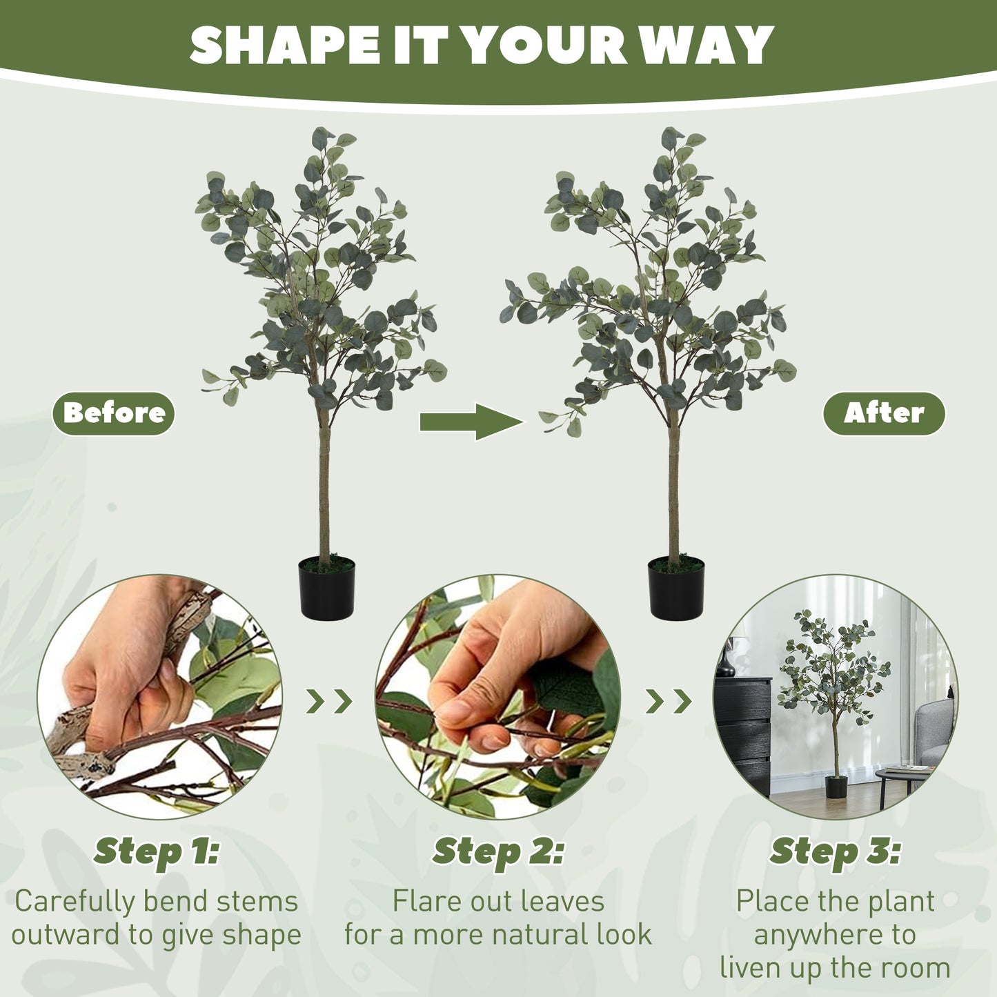 HOMCOM Set of 2 Decorative Artificial Tree, 4ft/ 120cm Silk Eucalyptus Trees with 230 Silver Dollar Leaves in Pot, Fake Plants for Home, Office, Living Room, Indoor Decor