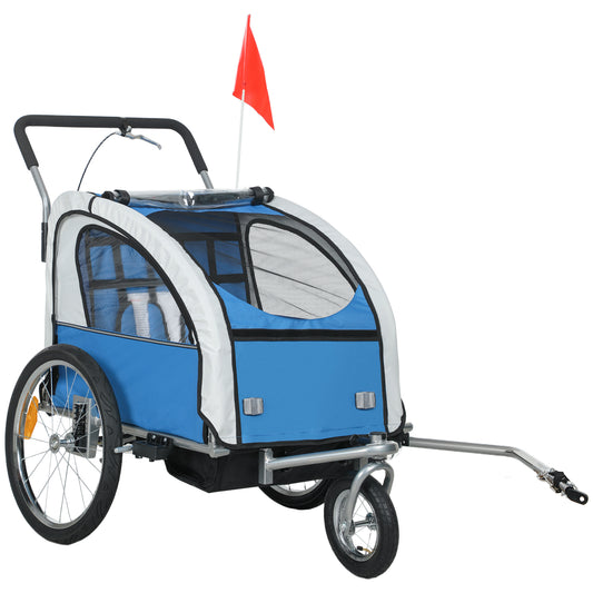HOMCOM 2 Seat Bike Trailer with 5 Point Harness, Baby Bike Stroller with Safety Flag, Reflectors, for 18+ Months, Blue