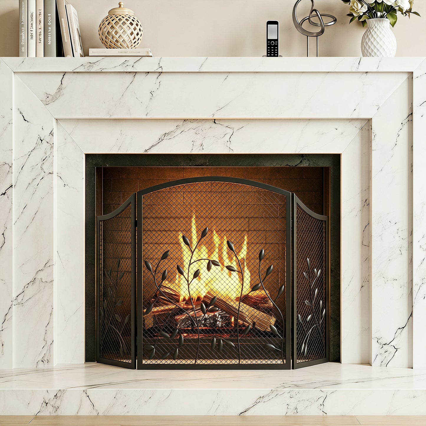 HOMCOM 3-Panel Folding Fireplace Screen for Hearth Protection, Heat-Resistant Metal Fire Spark Guard, Black