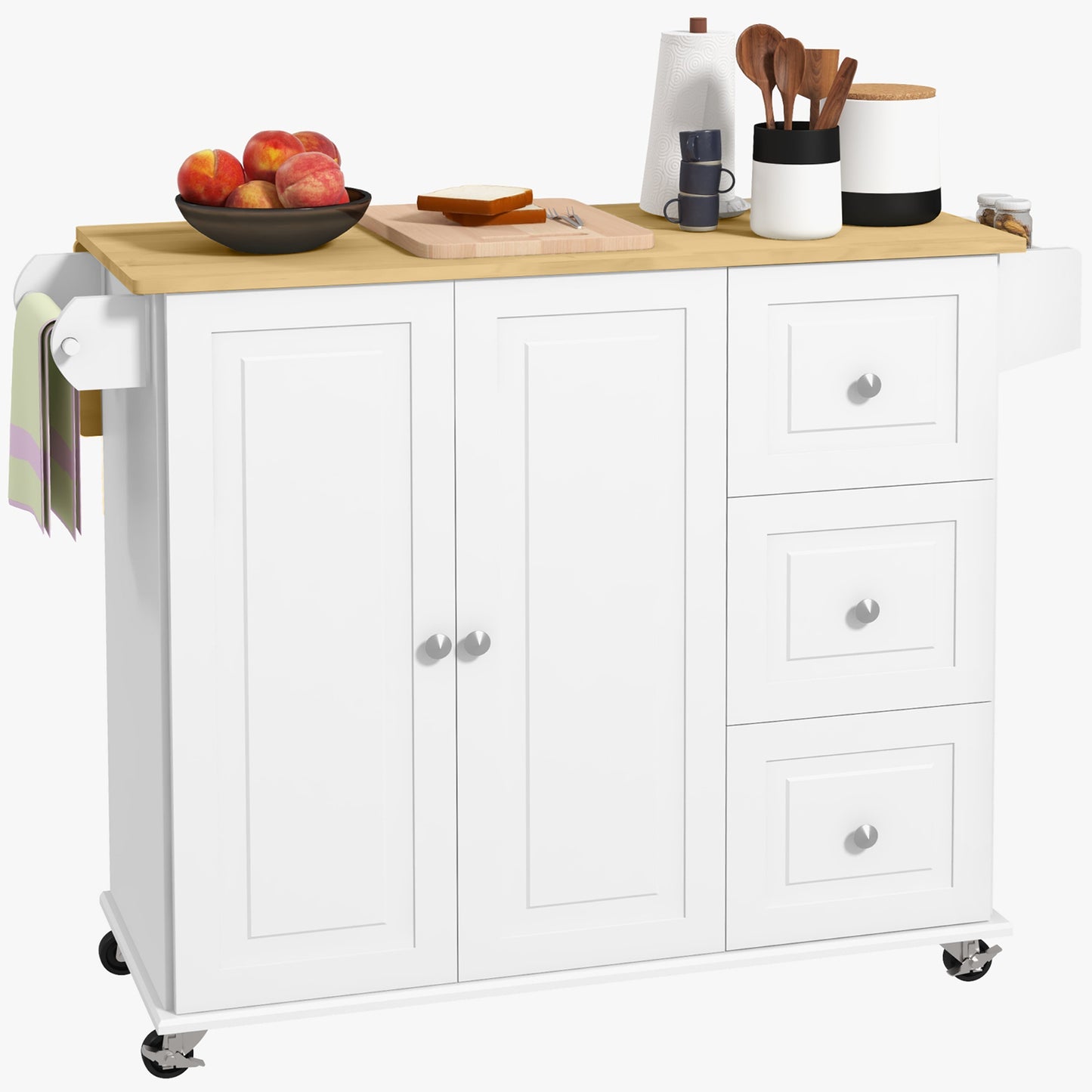 HOMCOM Kitchen Island with Drop Leaf, Rolling Kitchen Storage Trolley on Wheels with 3 Drawers, Spice Rack and Towel Rack, Storage Cart with Rubber Wood Top, White Default Title