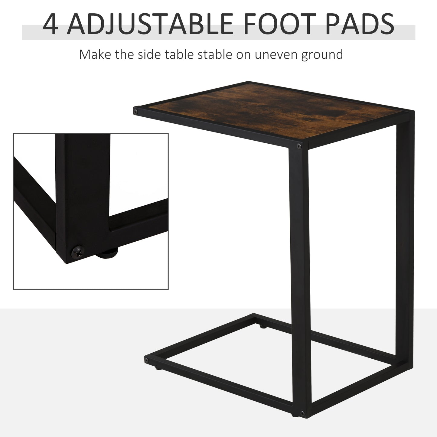 HOMCOM C-Shaped Side Table, Bedside Table with Metal Frame, Accent Sofa Couch Table for Living room, Bedroom, Brown and Black