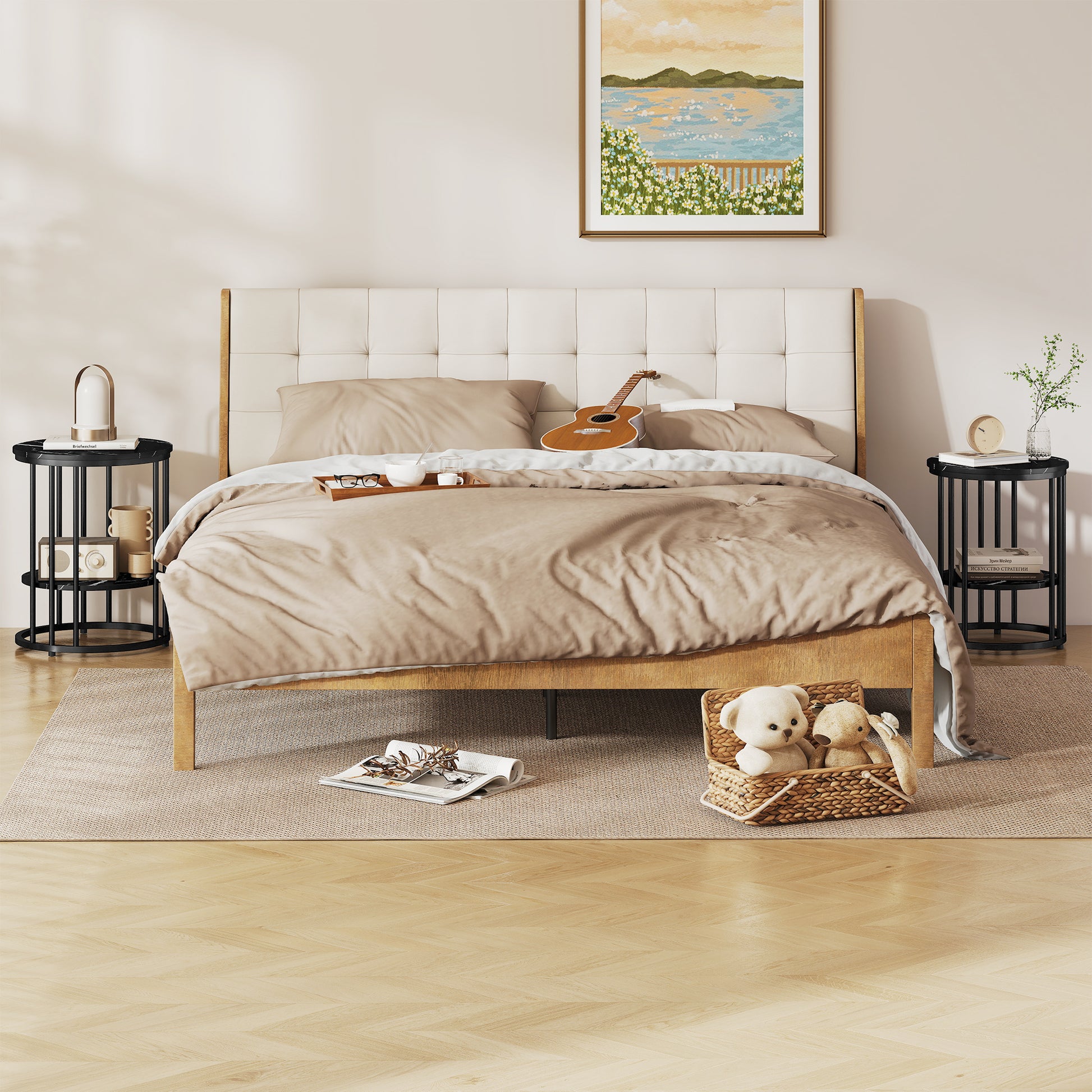 HOMCOM Set of Two Marble-Effect Coffee Tables - Black