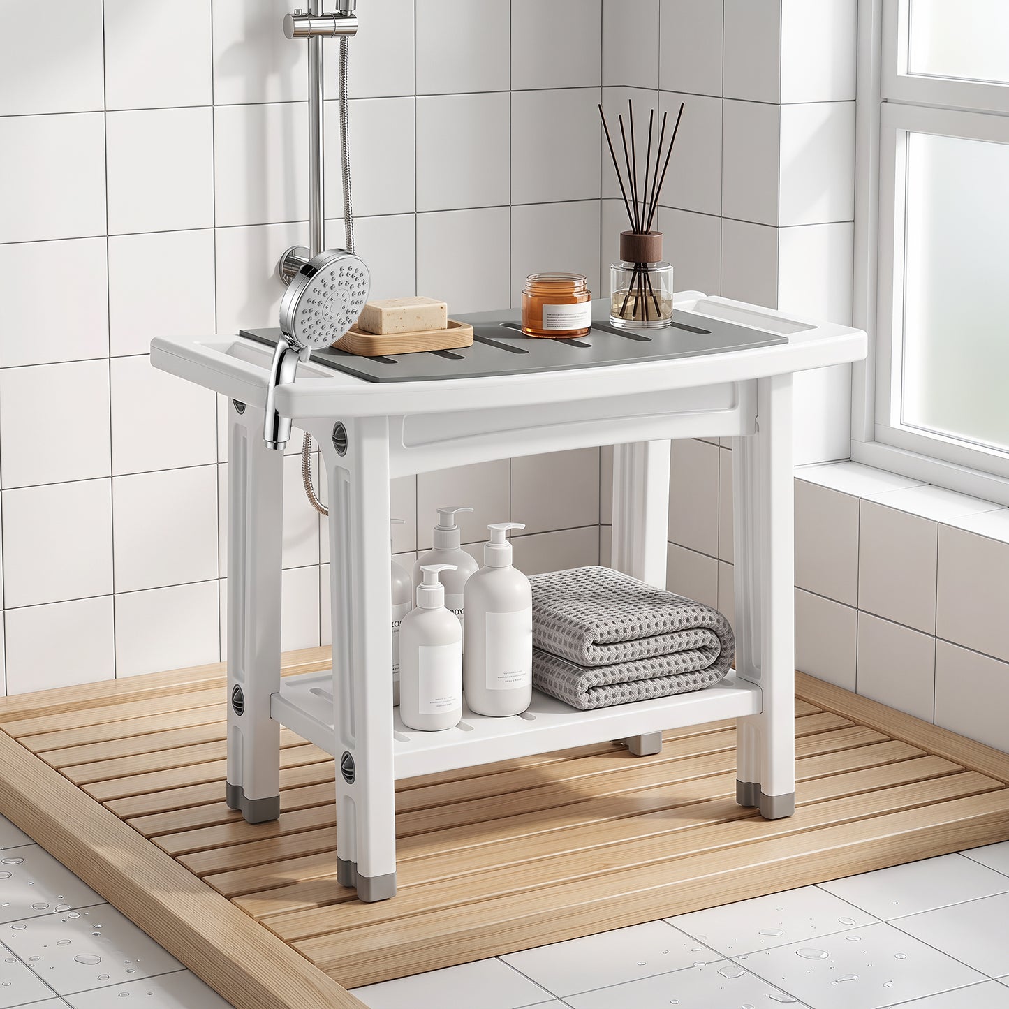 HOMCOM Shower Bench 2-Tier Shower Stool Bathroom with Shelf White and Grey