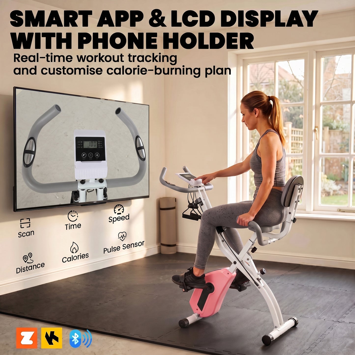 SPORTNOW 4-In-1 Folding Exercise Bike with Resistance Bands, Bluetooth App, 8-Level Magnetic Resistance, LCD Display, Pink
