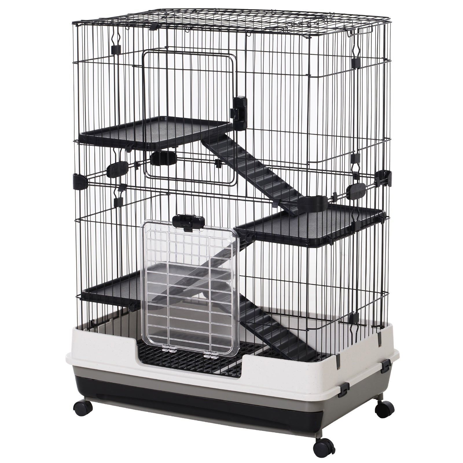 PawHut Four-Tier Small Animal Cage, for Bunnies, Ferrets, Chinchillas w/ Wheels, Tray - Black Default Title