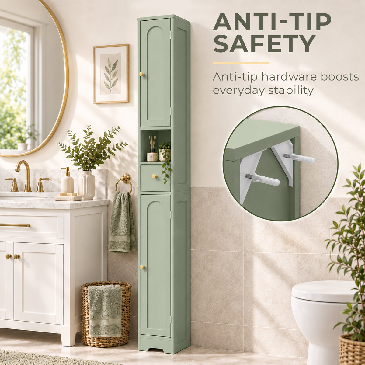 HOMCOM 185 cm Tall Bathroom Cabinet with Arched Doors - Light Green