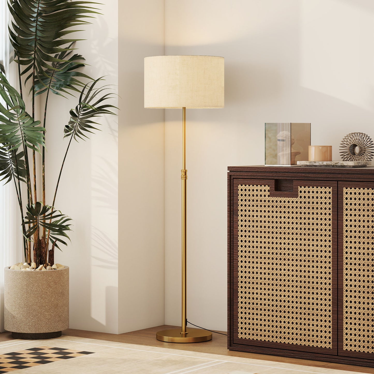 HOMCOM Floor Lamp with Remote, Height Adjustable Standing Lamp with Linen Shade, Dimmable with 3000K-6000K Adjustable Colour Temperatures, Foot Switch for Living Room Bedroom Office, Gold Tone