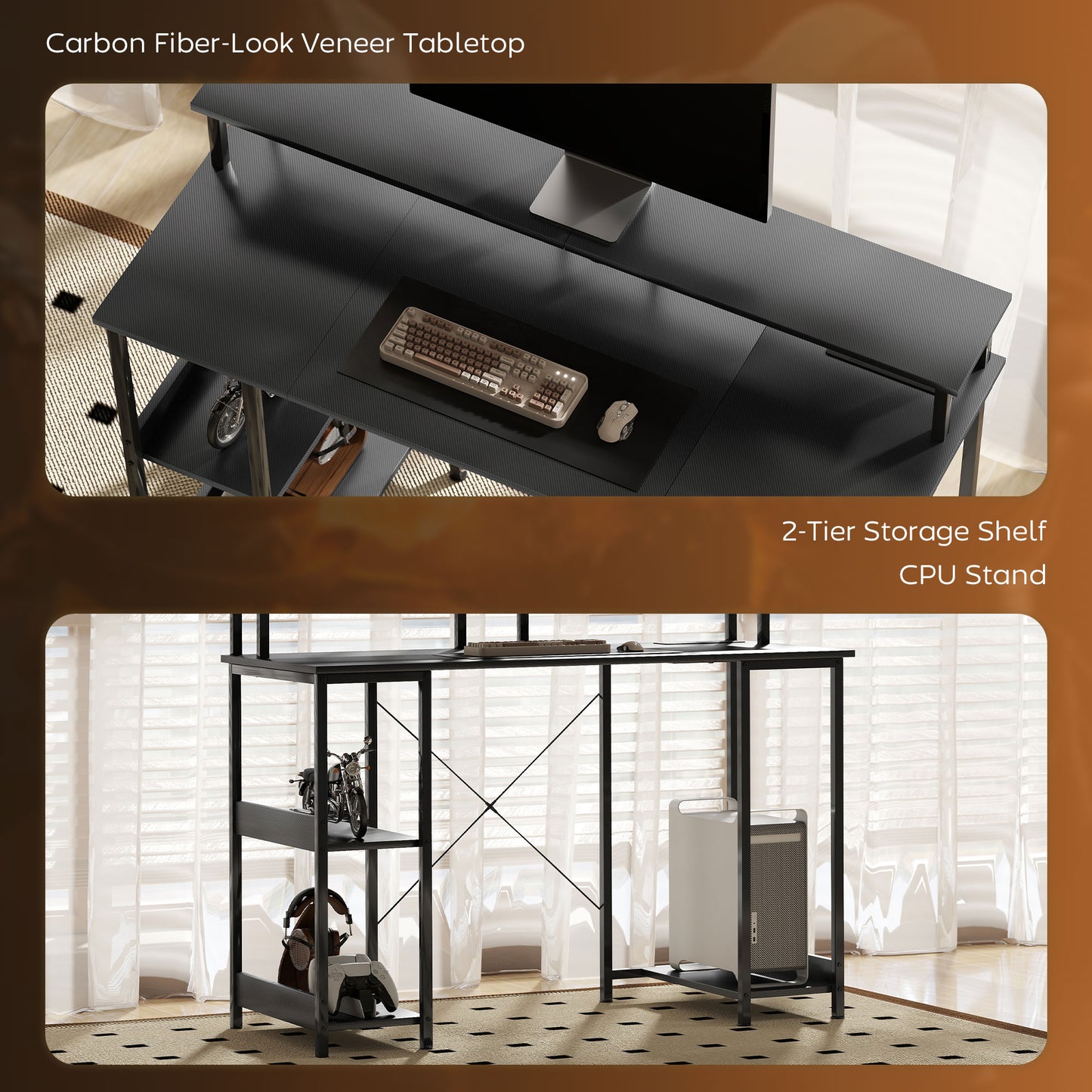 HOMCOM LED Computer Desk, with Power Outlets and Shelves - Carbon Fibre Grey