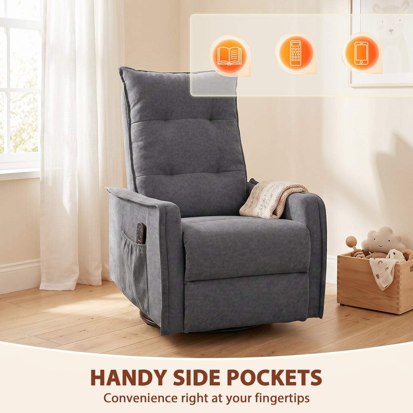 HOMCOM Recliner Armchair, Chenille Recliner Chair with Massage and Heat, 360Â° Swivel Rocking Manual Recliner, Dark Grey