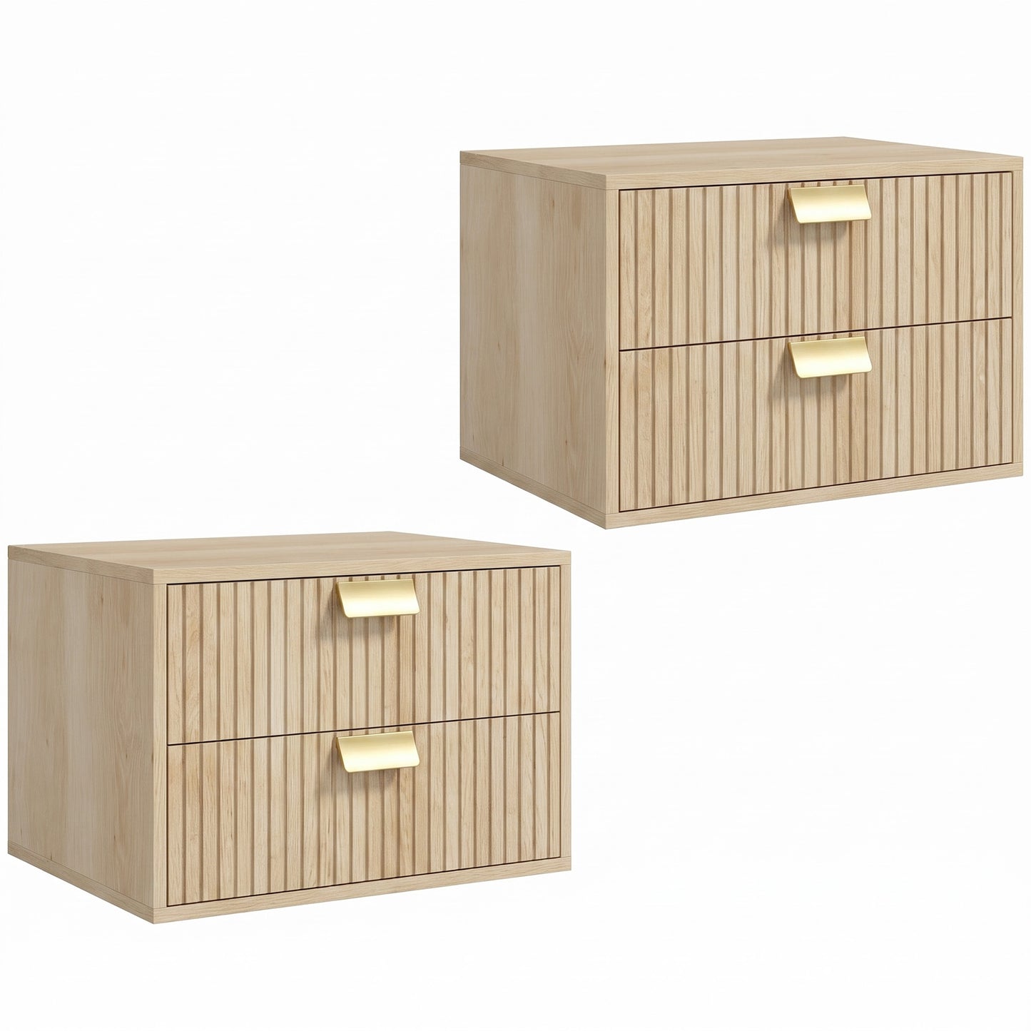 HOMCOM Modern Floating Nightstands Set of 2, Wall Mounted Bedside Tables with 2 Drawers, Oak