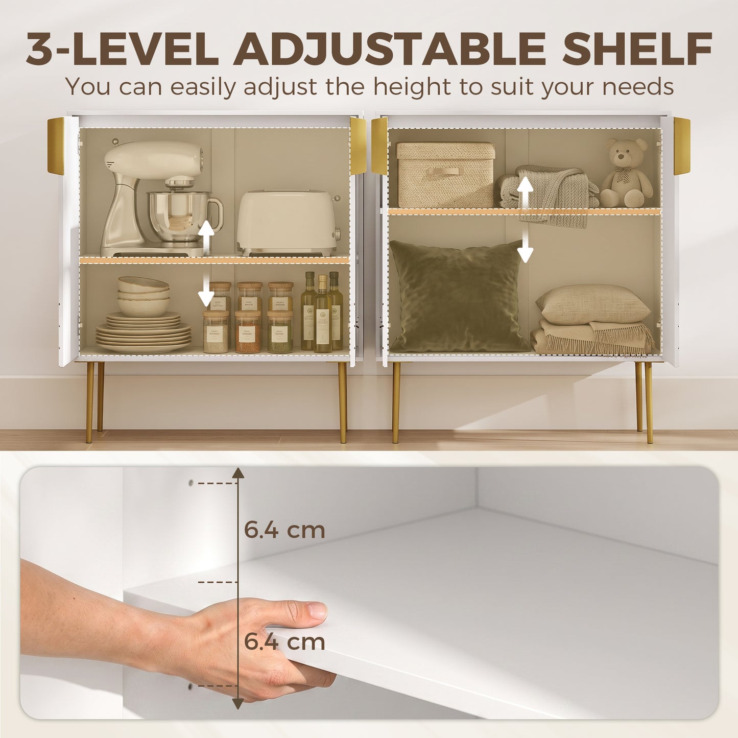 HOMCOM Modern Kitchen Cupboard, Storage Cabinet with 2 Doors, Adjustable Shelf and Metal Legs, White