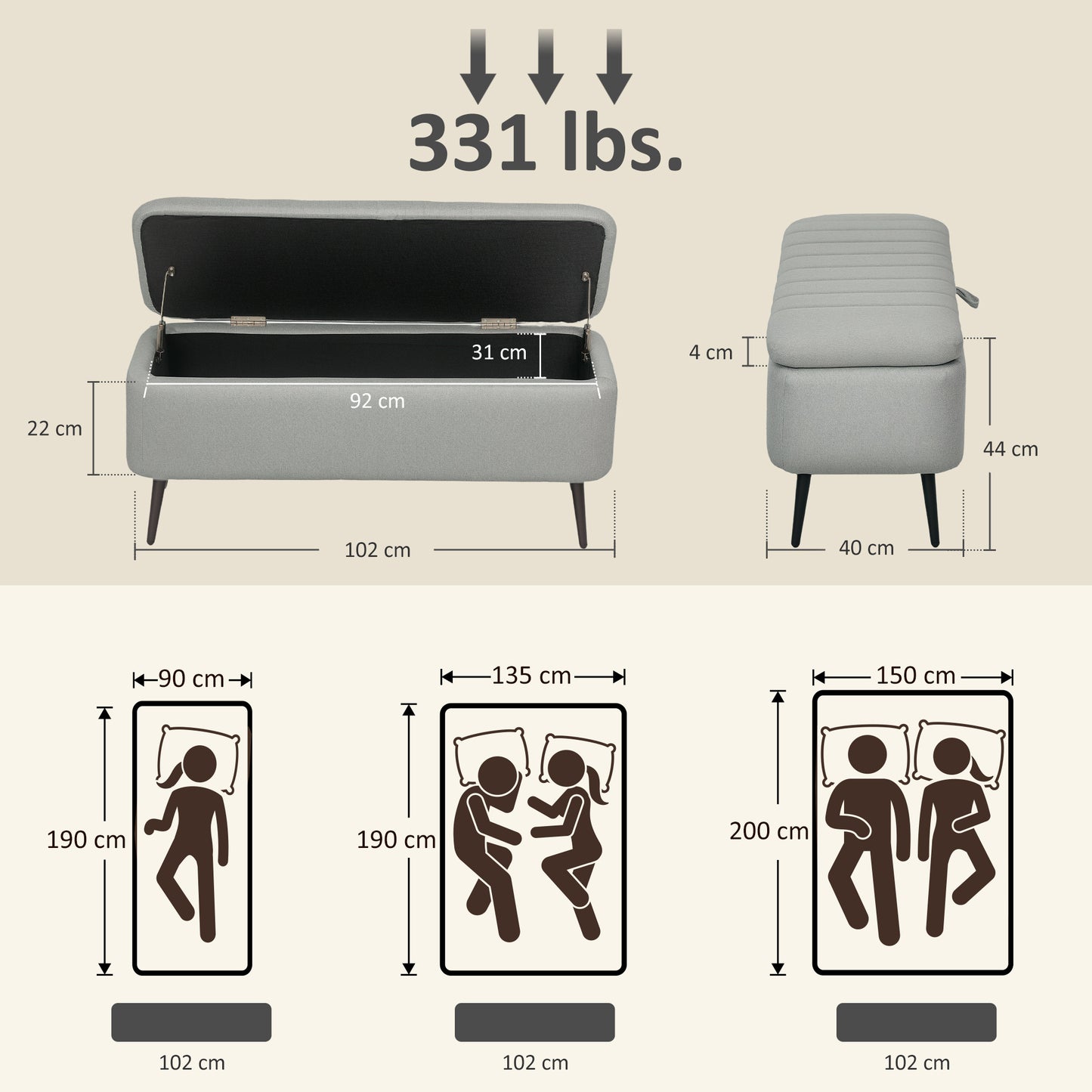 HOMCOM 92 x 31cm Linen-Look Storage Ottoman - Light Grey