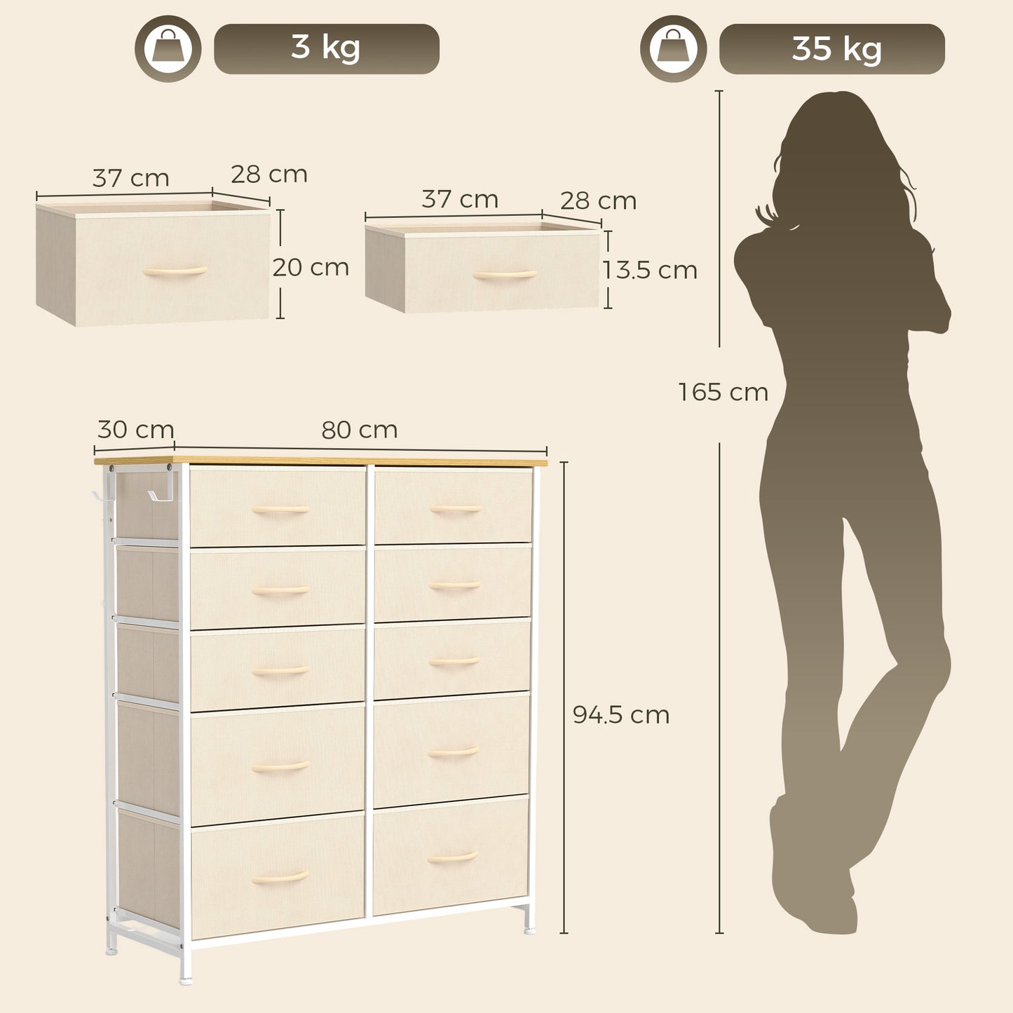HOMCOM Chest of Drawers, Dresser with 10 Fabric Drawers, Tall Storage Unit with 4 Pockets and 2 Hooks Steel Frame, Beige
