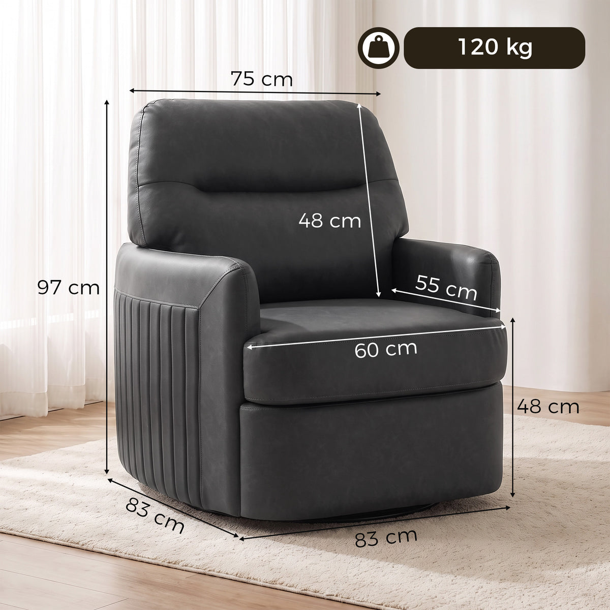 HOMCOM 360Â° Swivel Accent Chair, Modern Armchair with Thick Cushion, PU Leather Upholstered, Dark Grey