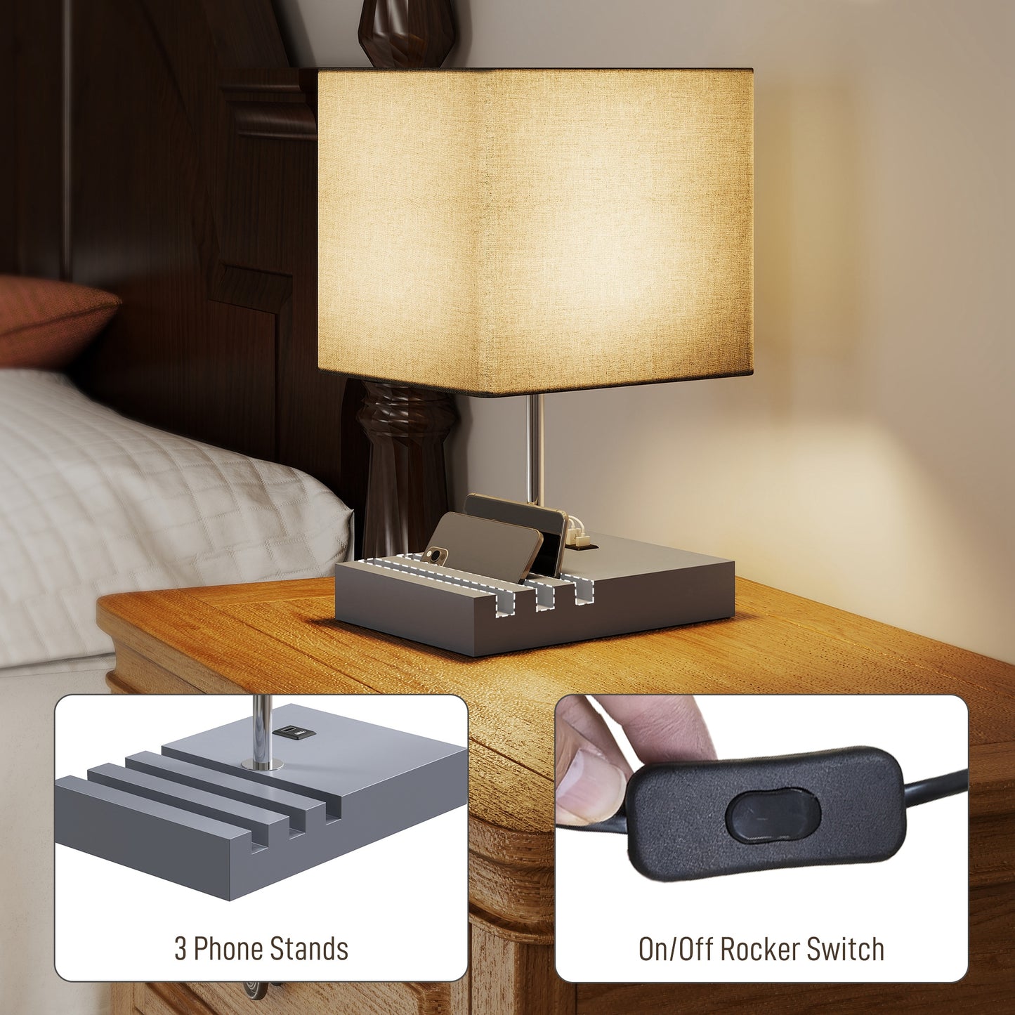 HOMCOM Bedside Lamp with USB A+C Charging Ports and 3 Phone Stands, Modern Table Lamp with Solid Wood Base and Fabric Shade for Bedroom Living Room Office, E27 Socket, Bulb Not Included, Grey