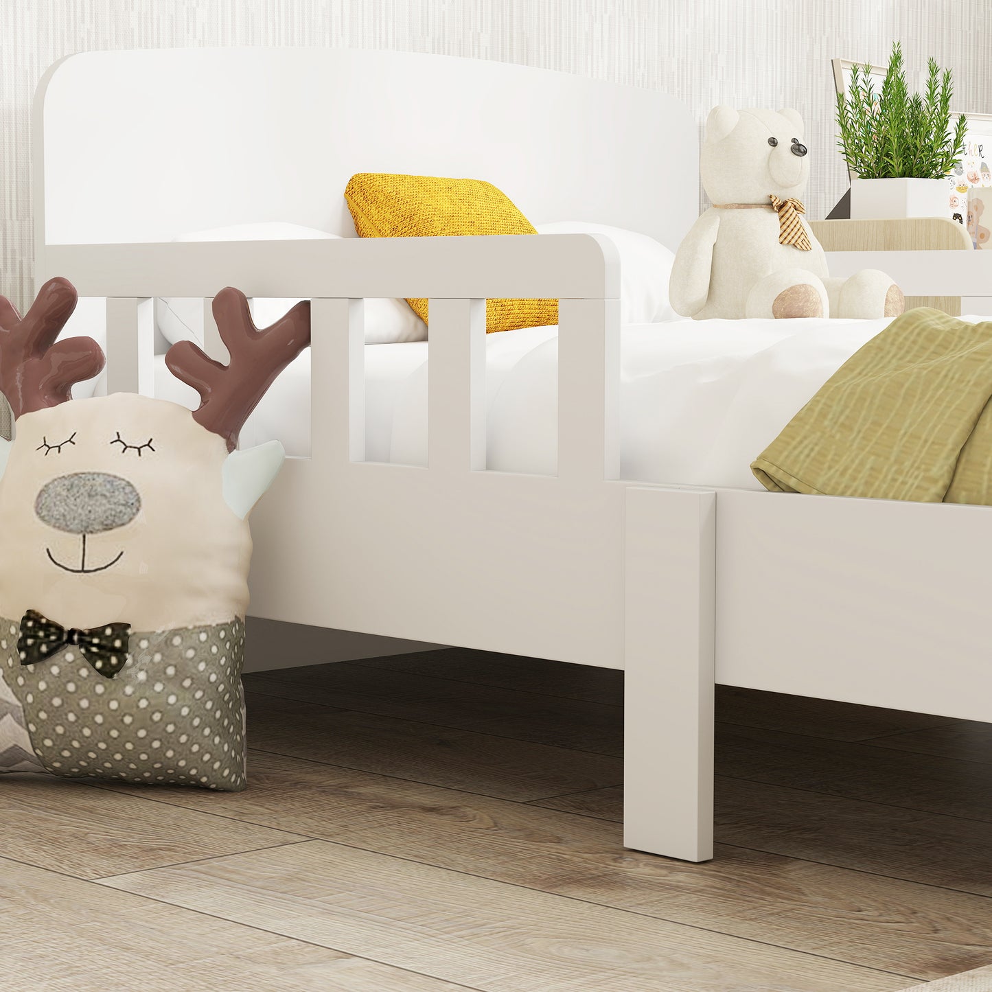 AIYAPLAY Toddler Bed, Kids Bed Frame with Safety Side Rails, Kids Bedroom Furniture for Ages 3-8 Years, White