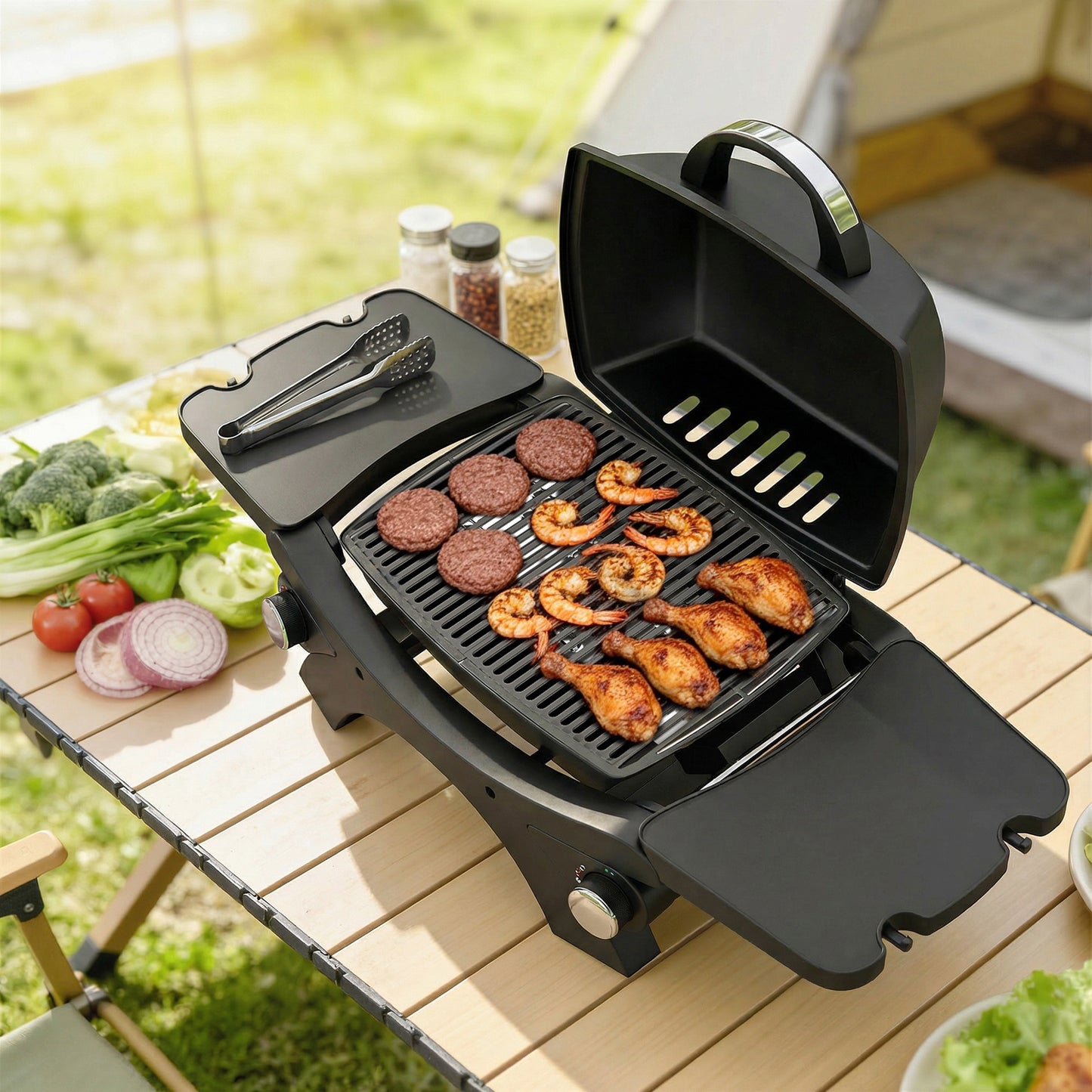 Outsunny 2 Burner Gas Grill with 2 Detachable Side Tables, 3.8 KW Steel Barbecue Grill with Cast Iron Grates, Lid, Thermometer