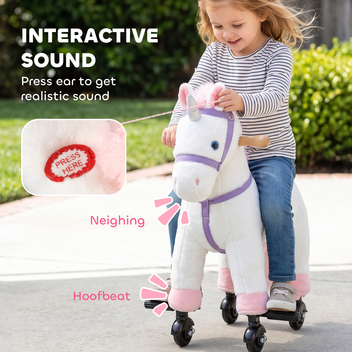 AIYAPLAY Unicorn Rocking Horse, Plush Ride On Horse with Hoof and Neighing, Rolling Wheels and Pedal for 3-8 Y, Up to 50kg, White