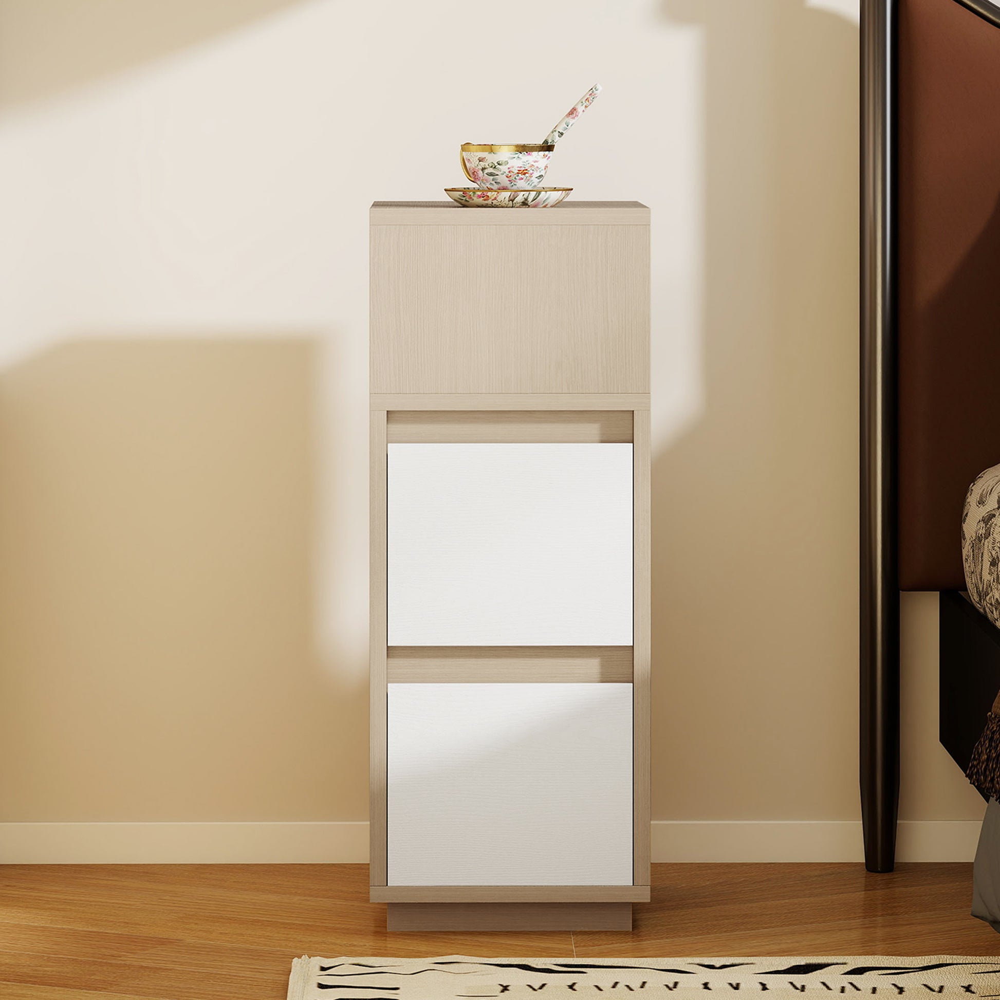 HOMCOM Slim Bedside Table, Narrow Bedside Cabinet with Open Shelf and 2 Drawers for Bedroom, Living Room, Natural Wood Finish