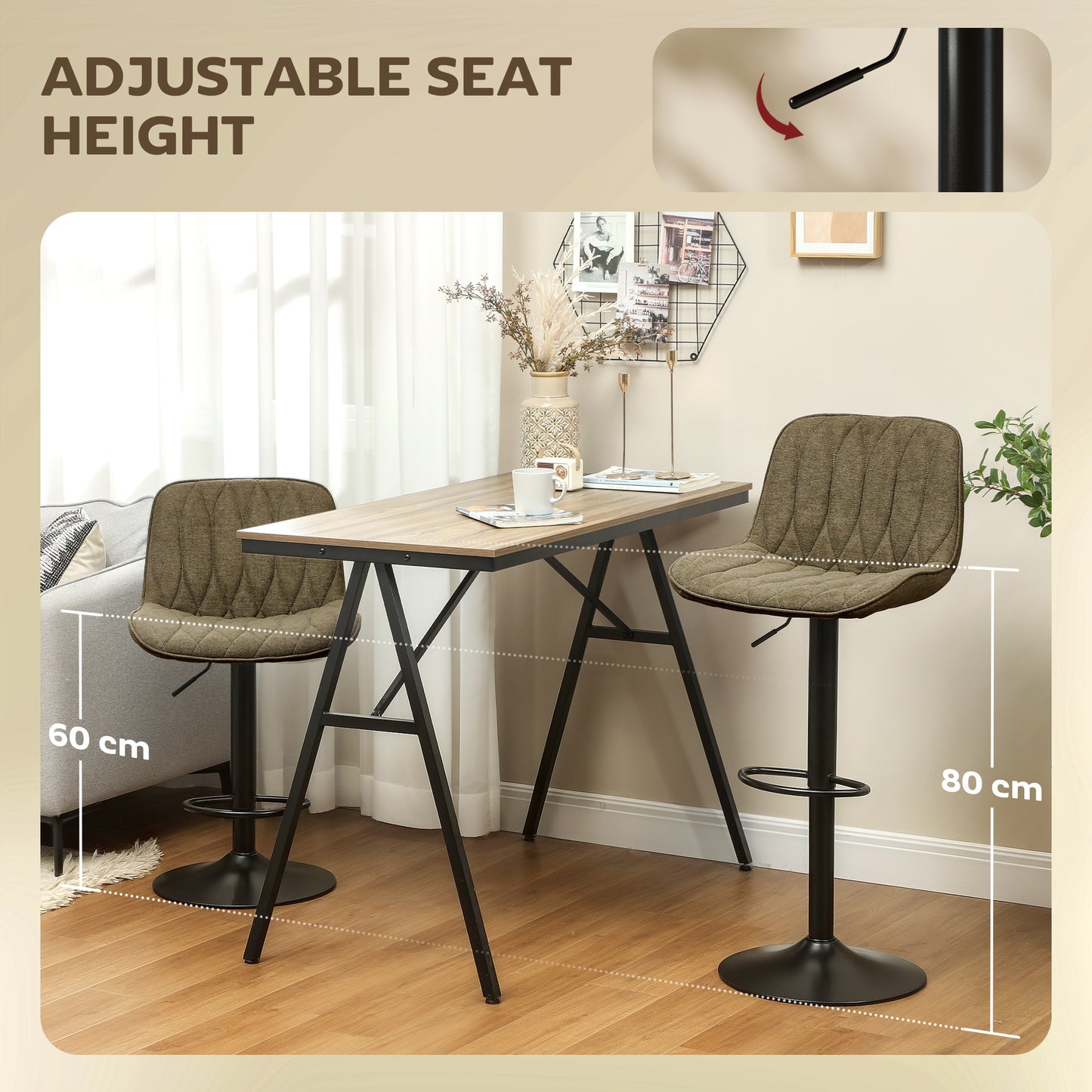 HOMCOM Set of Two Linen-Look Bar Stools - Brown