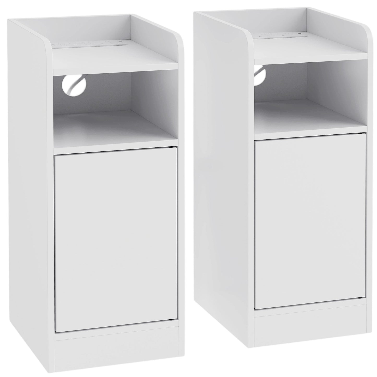 HOMCOM Slim Bedside Table Set of 2 with Charging Station, Narrow Bedside Cabinet with Adjustable Shelf, White